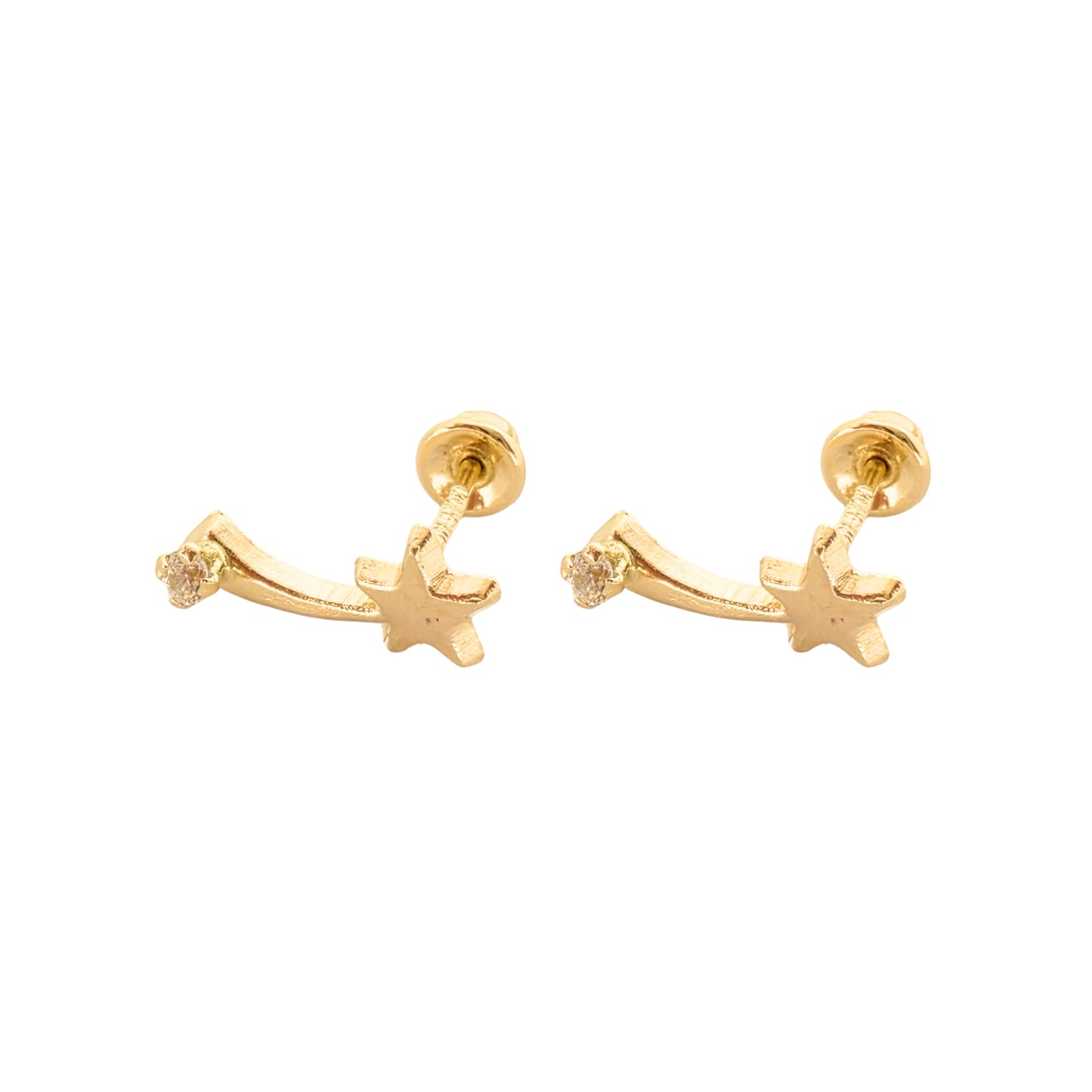 Aretes Oro 10K Broquel Estrella Fugaz Zirconia
