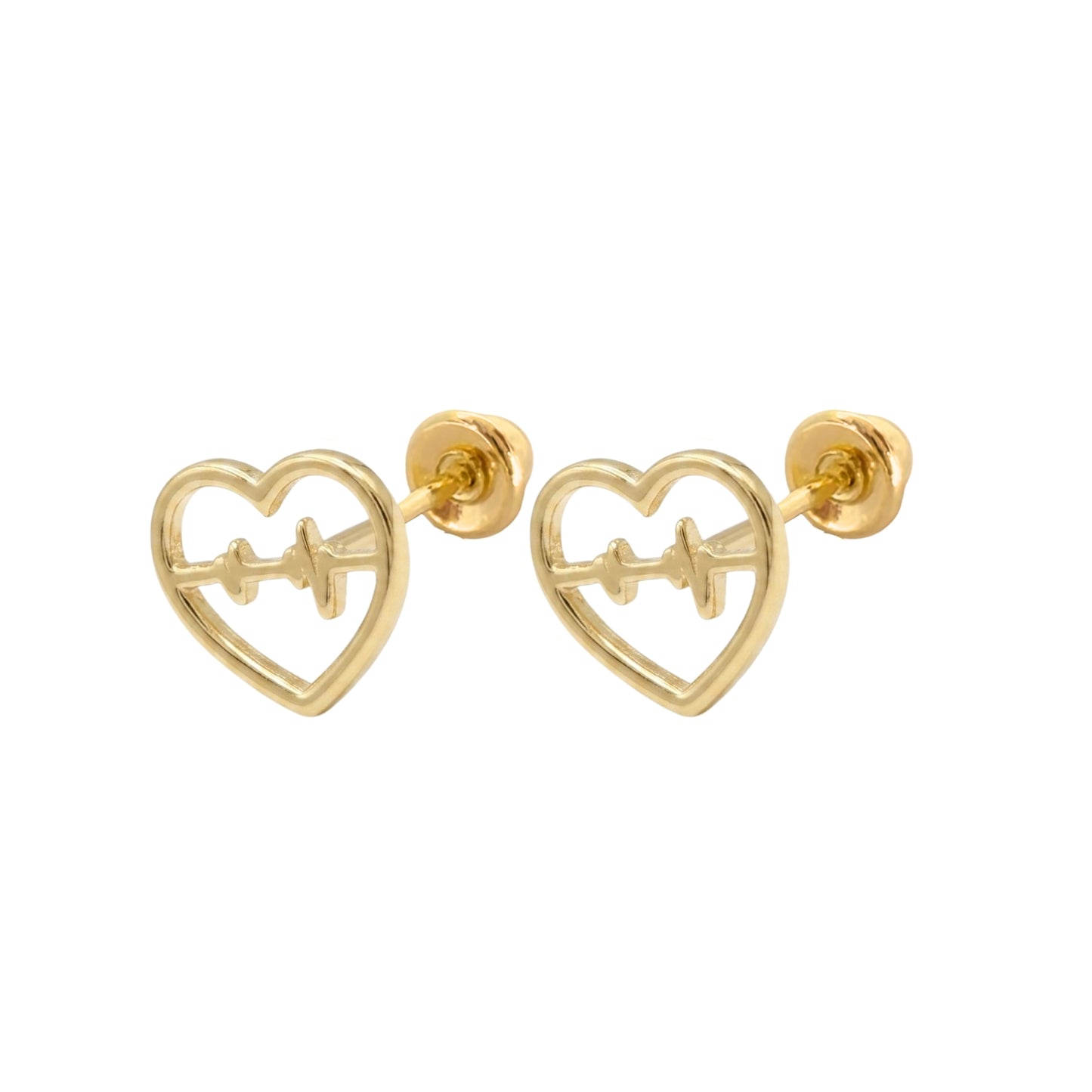Aretes Oro 10K Broquel Corazón Silueta y Línea Electrocardiograma