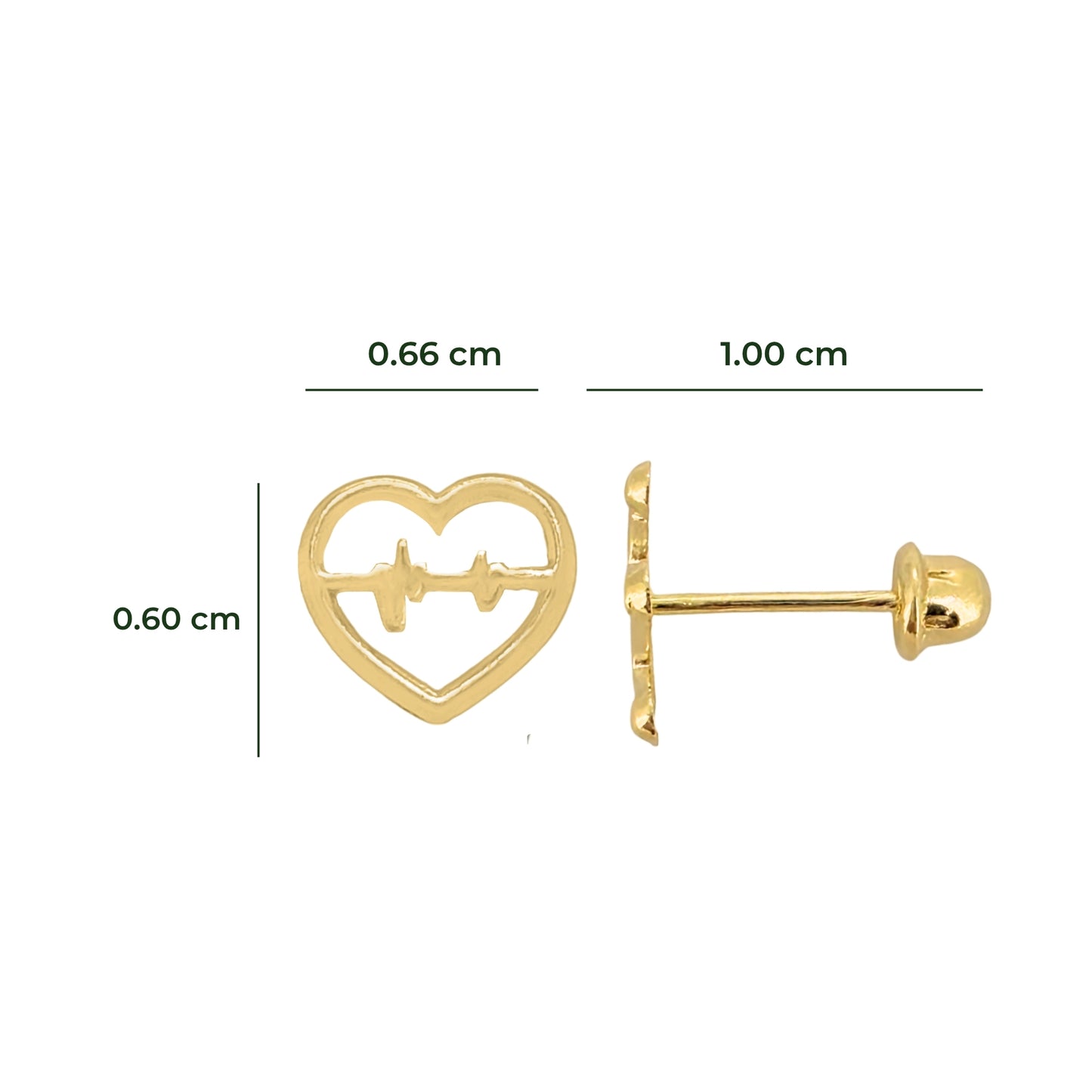 Aretes Oro 10K Broquel Corazón Silueta y Línea Electrocardiograma