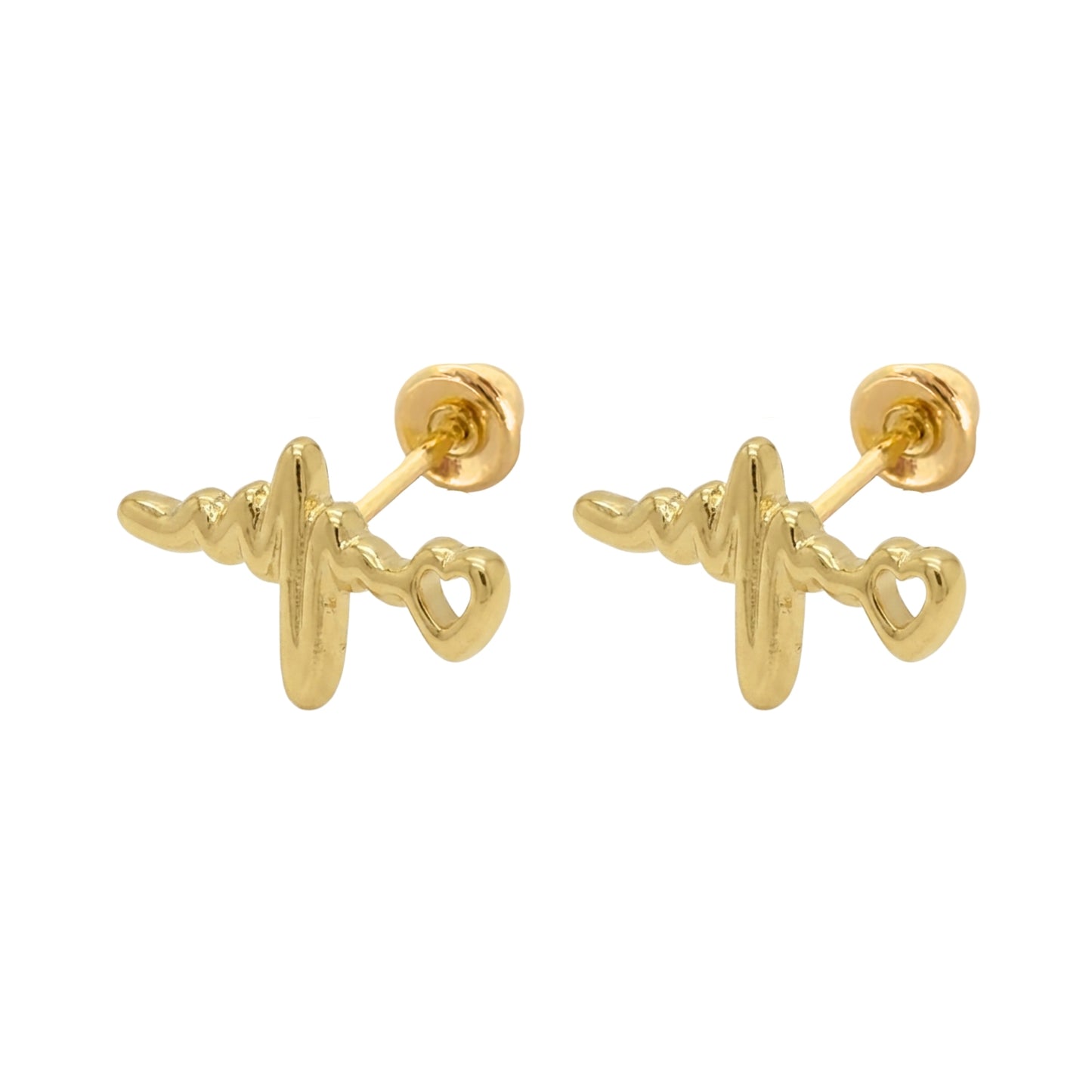 Aretes Oro 10K Broquel Línea Electrocardiograma y Corazón Mini