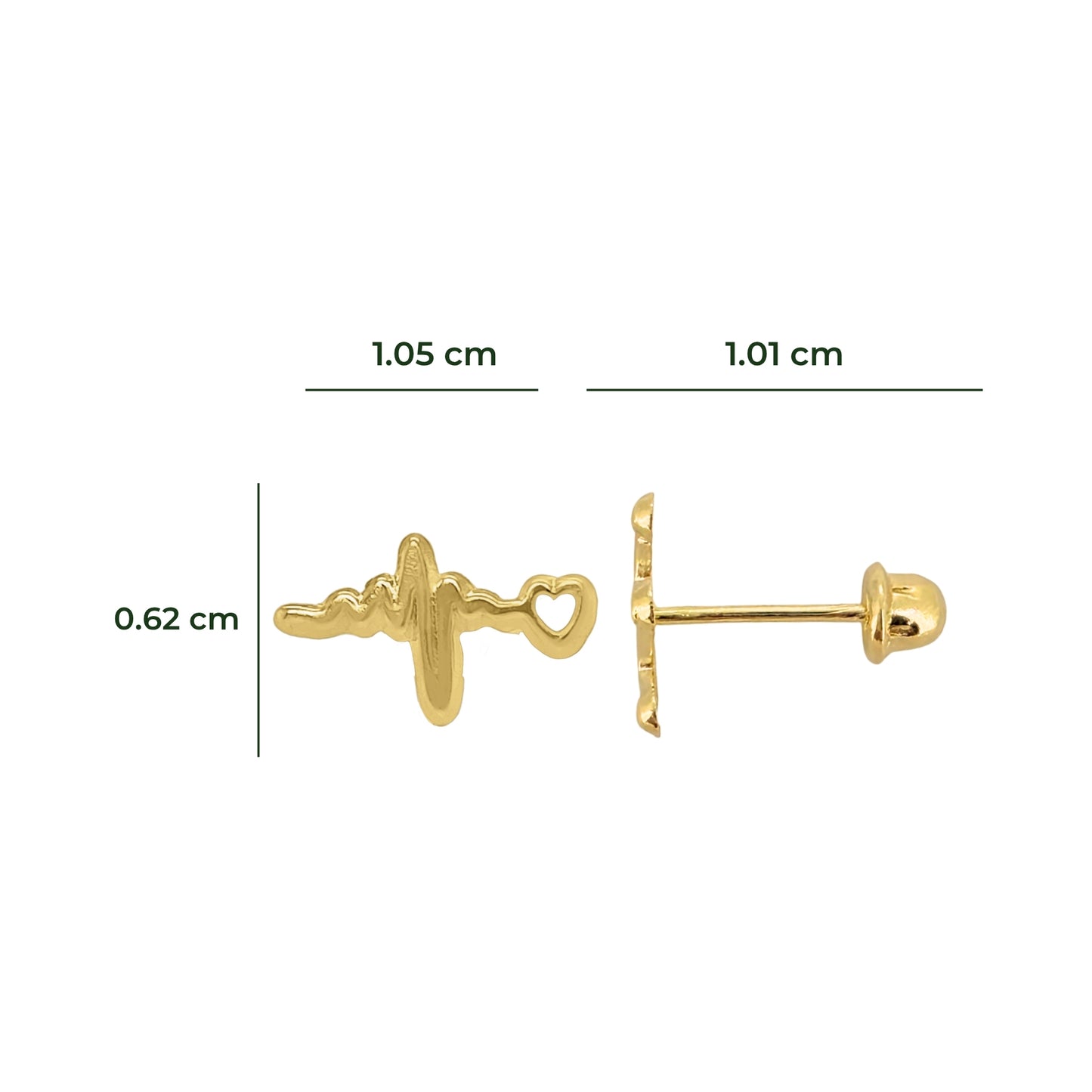 Aretes Oro 10K Broquel Línea Electrocardiograma y Corazón Mini