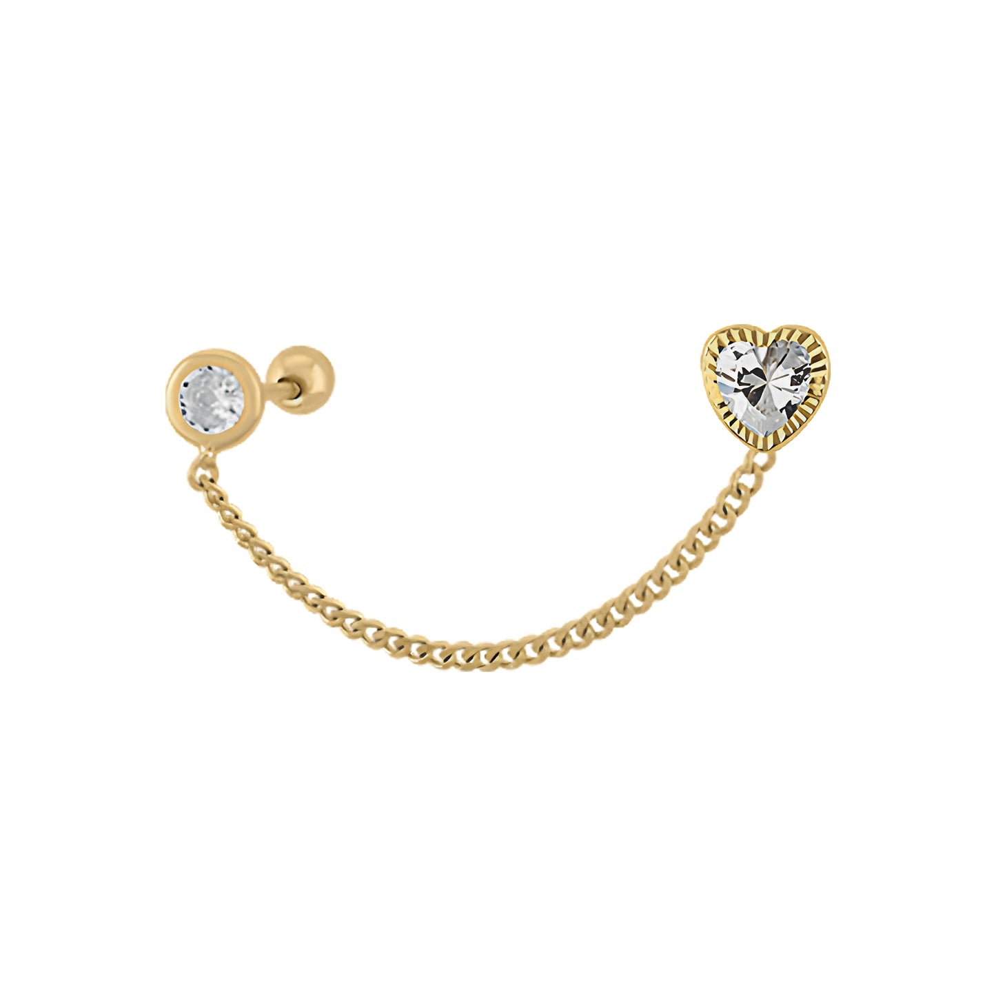 Aretes Oro 10K Broquel Cadena Corazón Diamantado 3 mm Bisel
