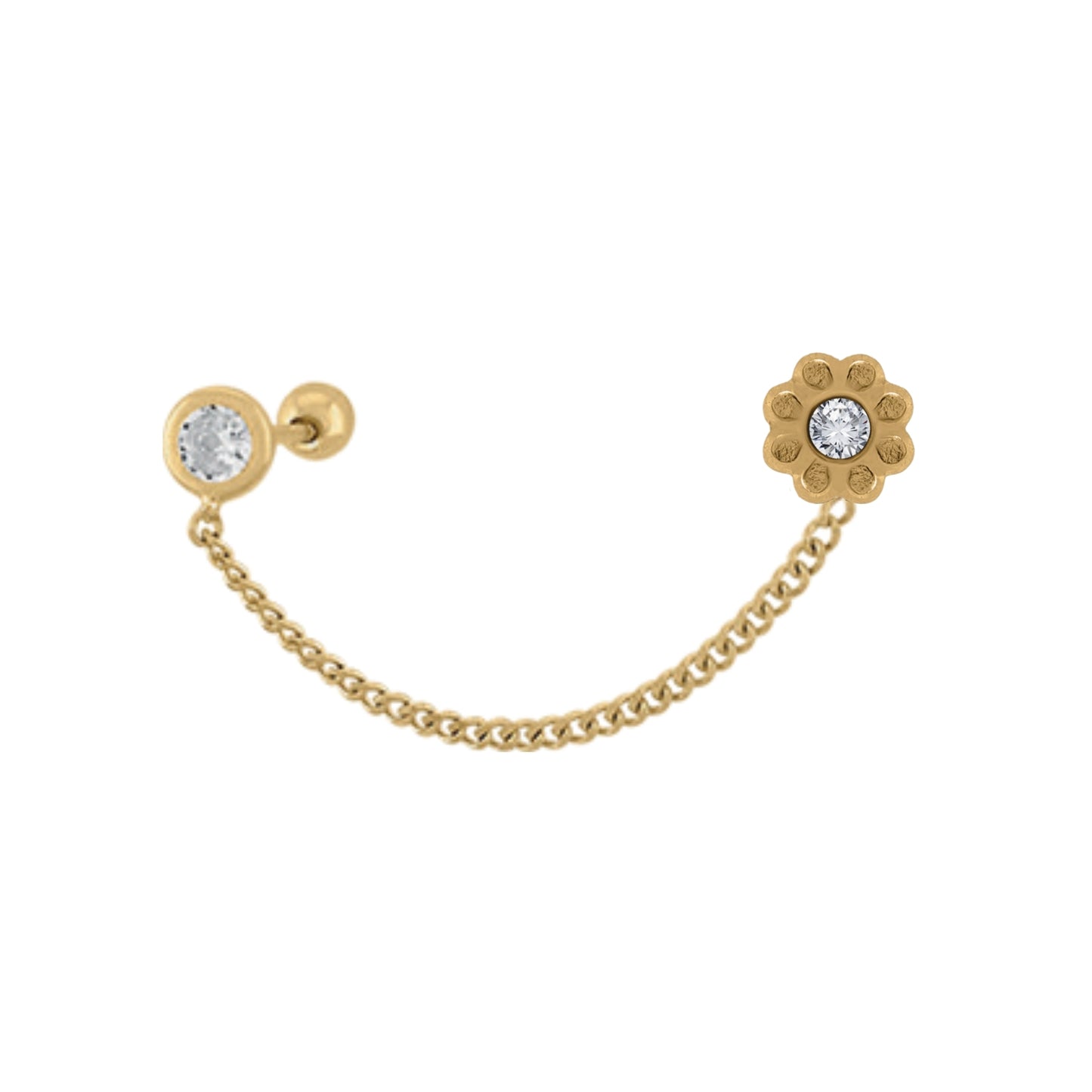 Aretes Oro 10K Broquel Cadena Flor y Bisel