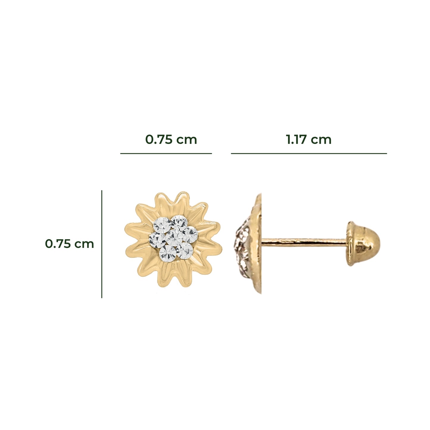 Aretes Oro 10K Broquel Girasol Zirconias