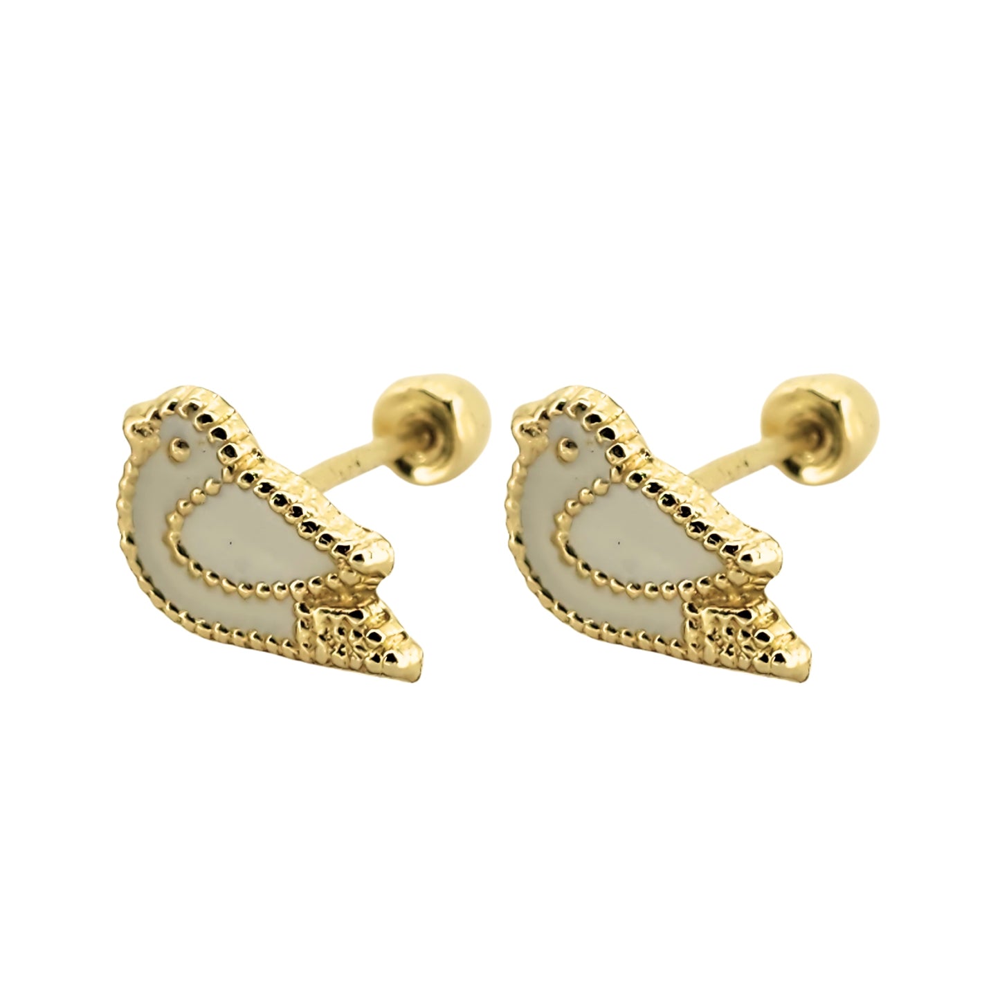 Aretes Oro 10K Broquel Paloma Blanca Esmaltada