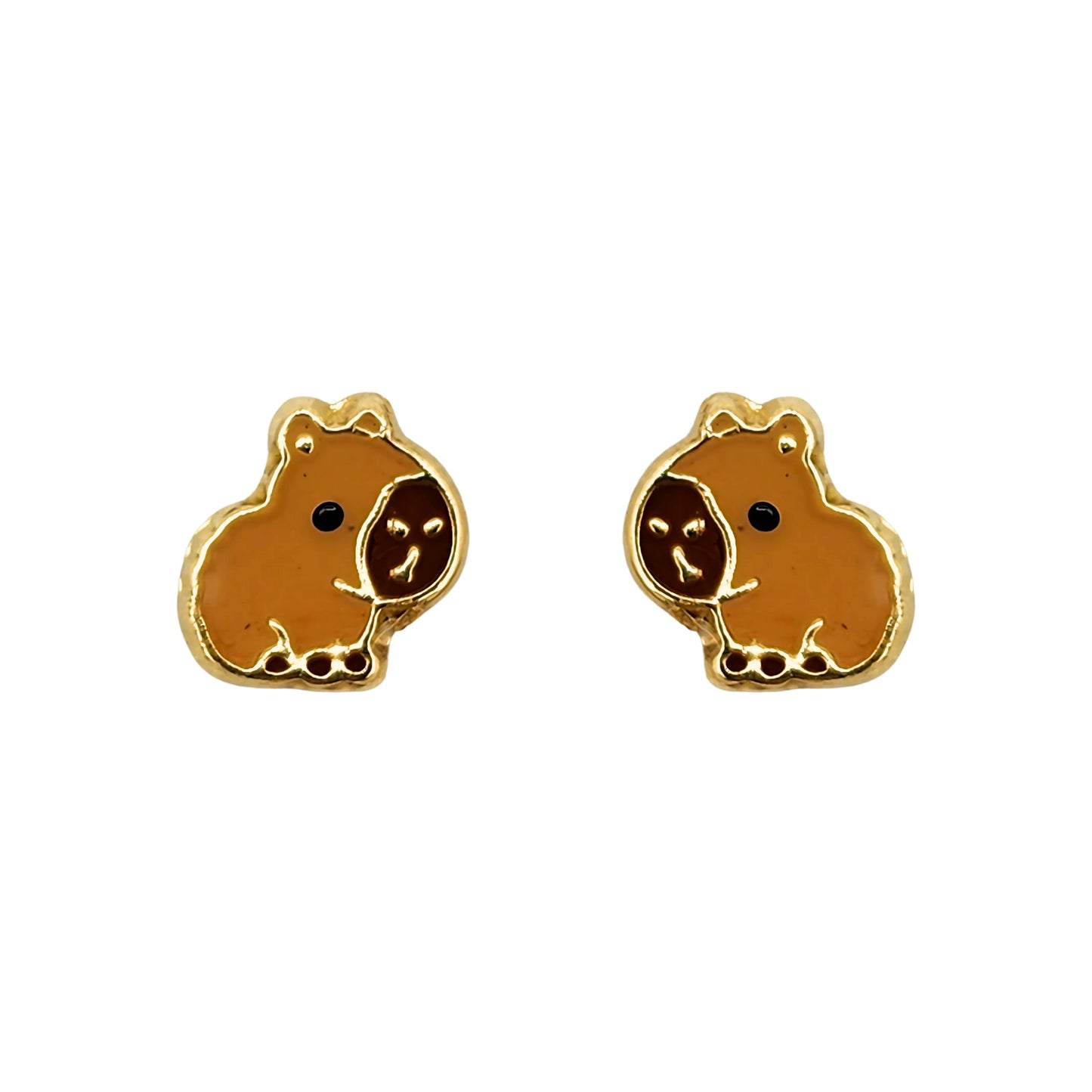 Aretes Capibara Esmaltado, Oro 10K Tipo Broquel