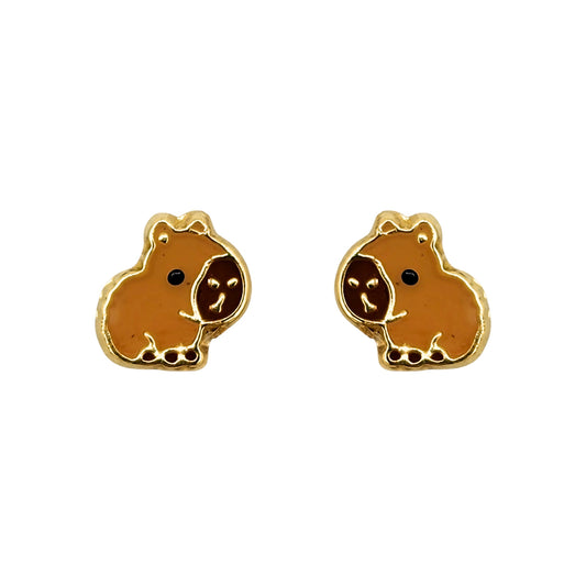 Aretes Capibara Esmaltado, Oro 10K Tipo Broquel