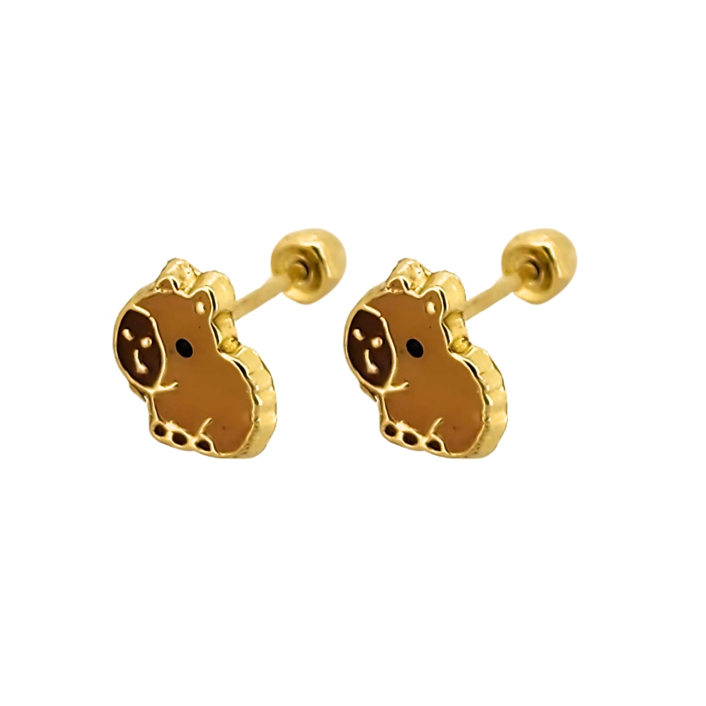 Aretes Capibara Esmaltado, Oro 10K Tipo Broquel