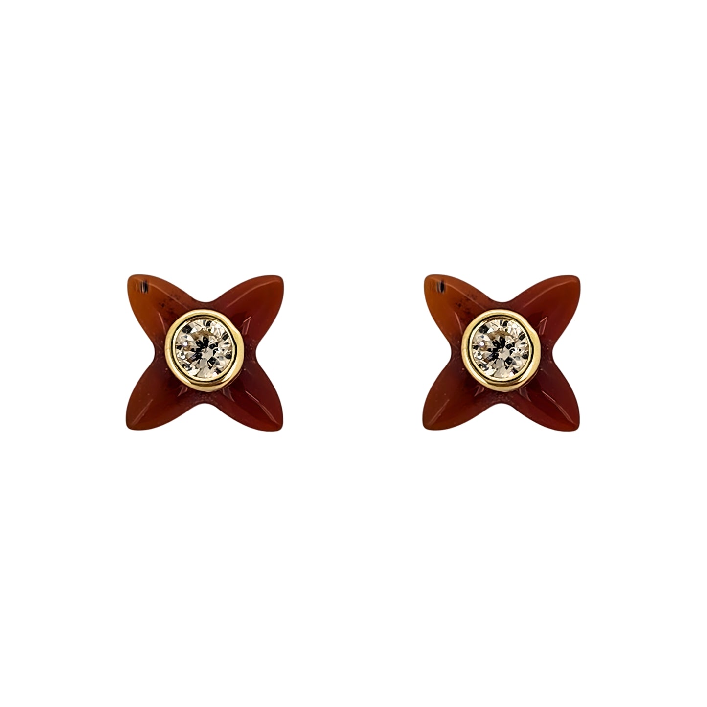 Aretes Oro 10K Broquel Flor en Carey con Zirconia Biselada