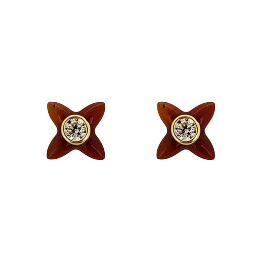 Aretes Oro 10K Broquel Flor en Carey con Zirconia Biselada