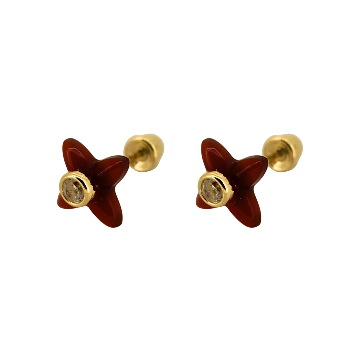 Aretes Oro 10K Broquel Flor en Carey con Zirconia Biselada