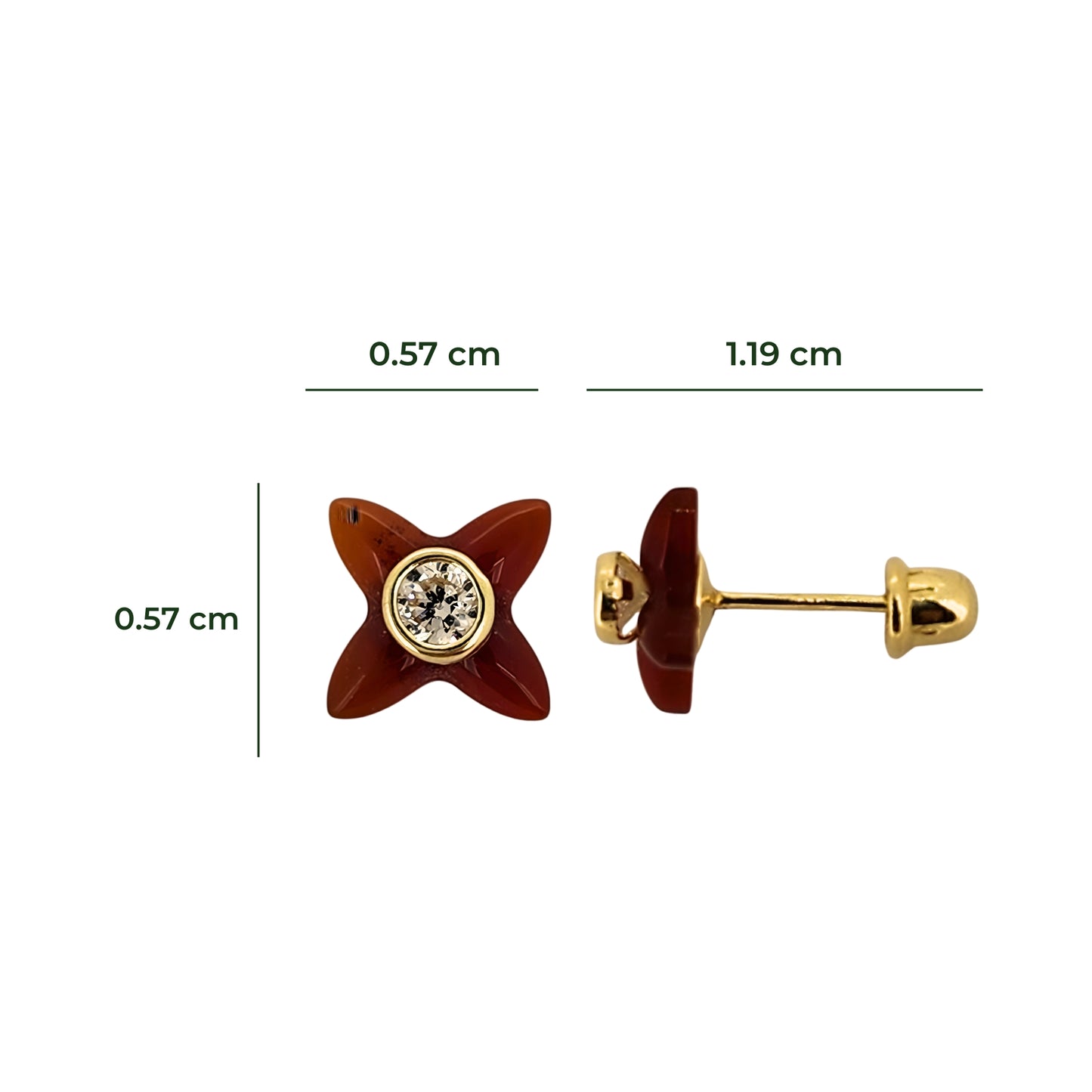 Aretes Oro 10K Broquel Flor en Carey con Zirconia Biselada