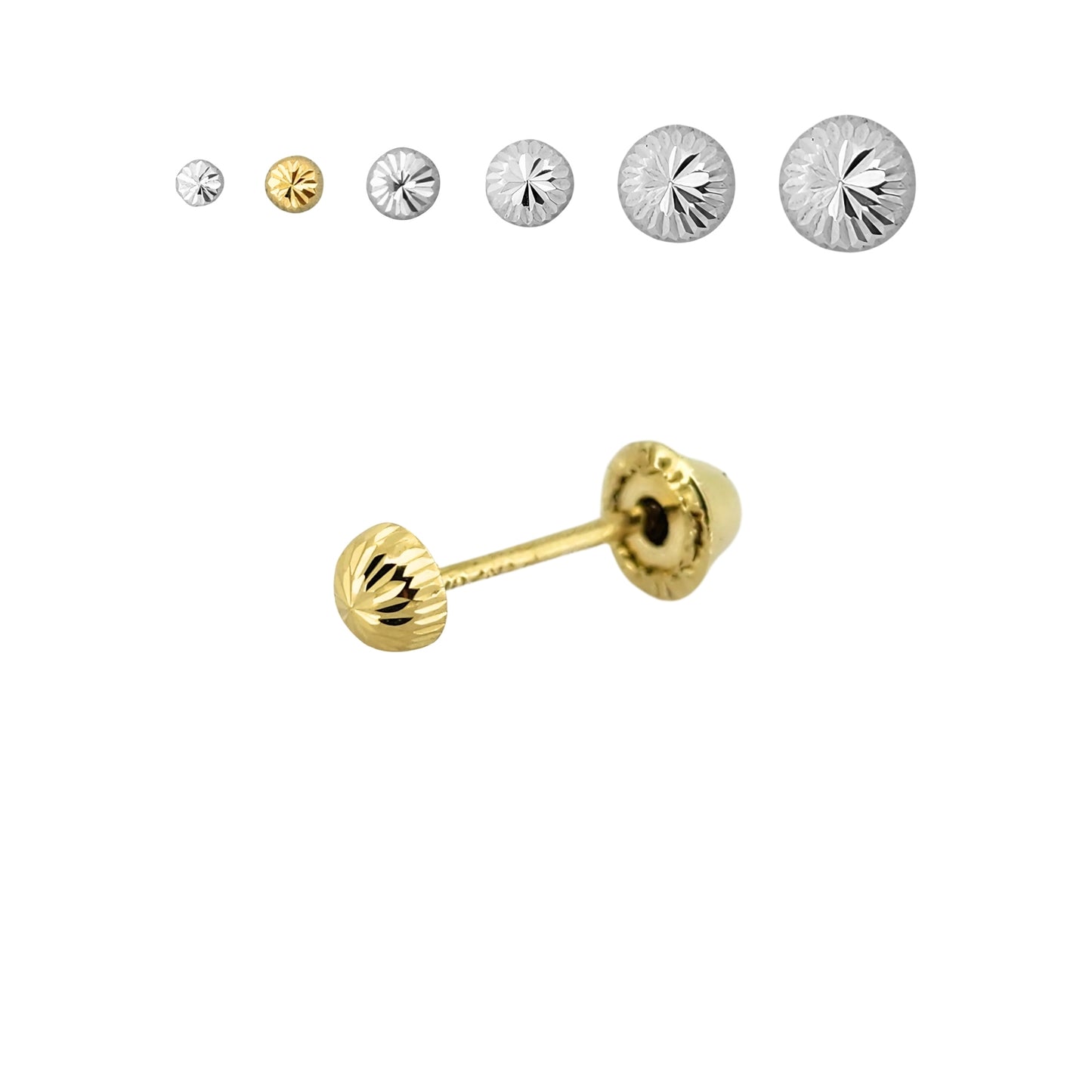 Aretes Oro 10K Broquel Hongo Diamantado Tamaño a Elegir de 2.5 a 7 mm
