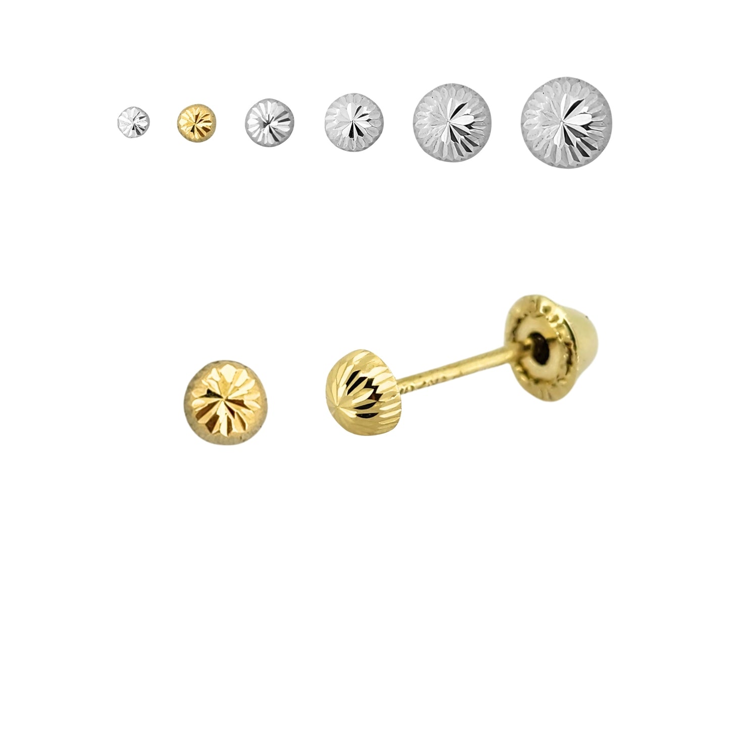 Aretes Oro 10K Broquel Hongo Diamantado Tamaño a Elegir de 2.5 a 7 mm
