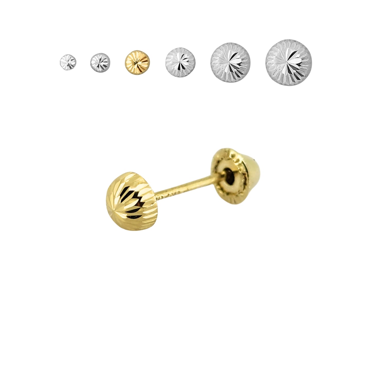 Aretes Oro 10K Broquel Hongo Diamantado Tamaño a Elegir de 2.5 a 7 mm