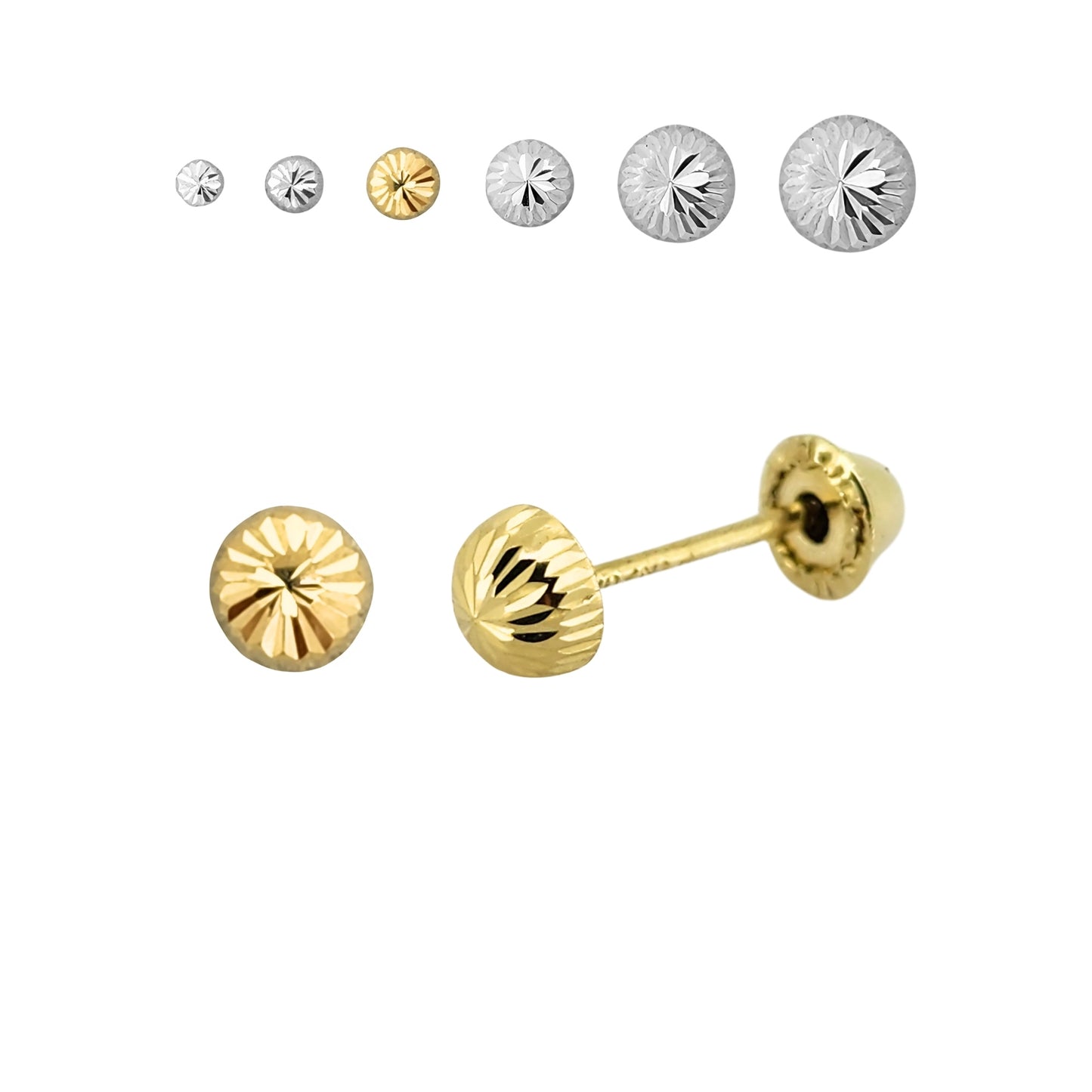 Aretes Oro 10K Broquel Hongo Diamantado Tamaño a Elegir de 2.5 a 7 mm