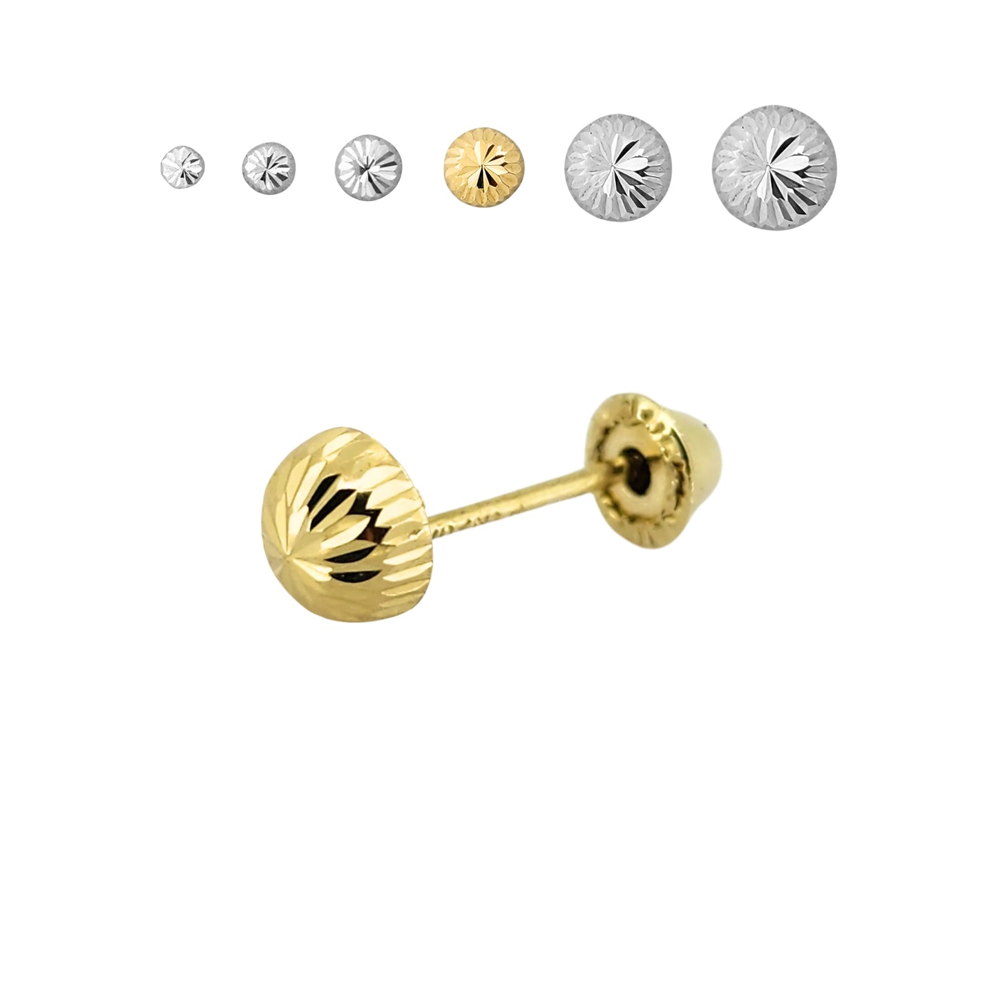Aretes Oro 10K Broquel Hongo Diamantado Tamaño a Elegir de 2.5 a 7 mm