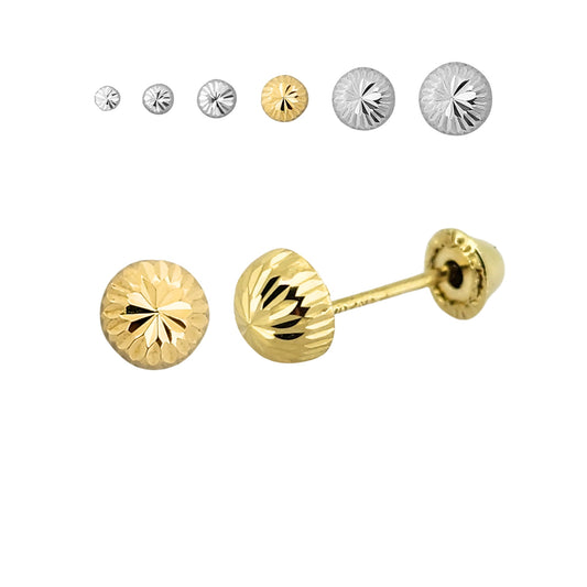 Aretes Oro 10K Broquel Hongo Diamantado Tamaño a Elegir de 2.5 a 7 mm