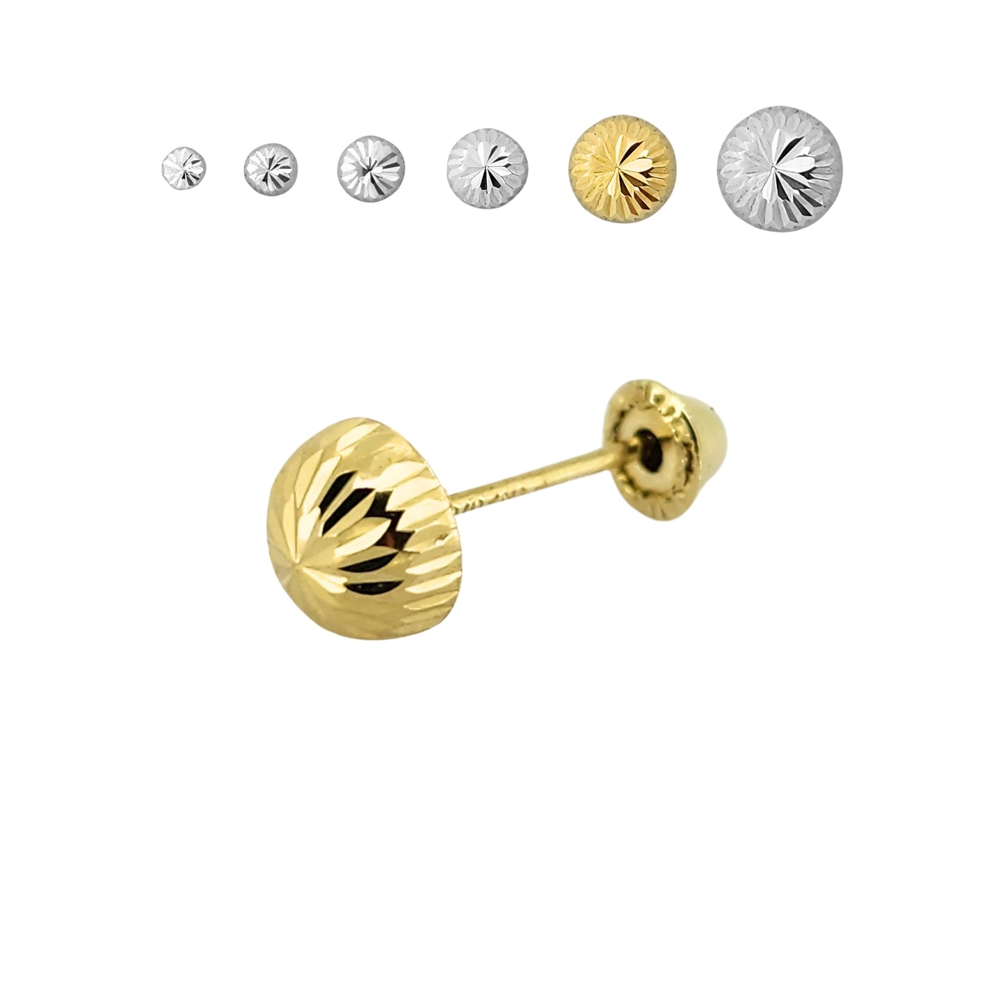 Aretes Oro 10K Broquel Hongo Diamantado Tamaño a Elegir de 2.5 a 7 mm