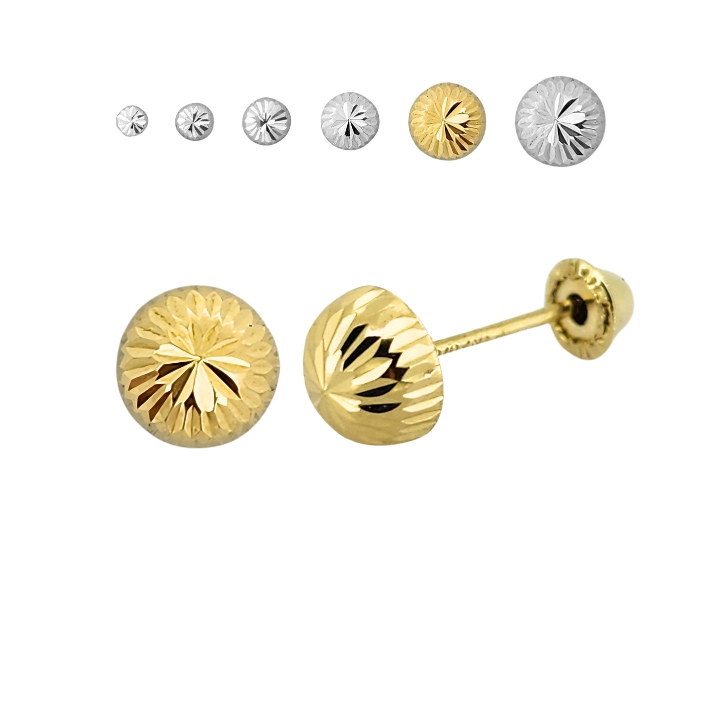Aretes Oro 10K Broquel Hongo Diamantado Tamaño a Elegir de 2.5 a 7 mm