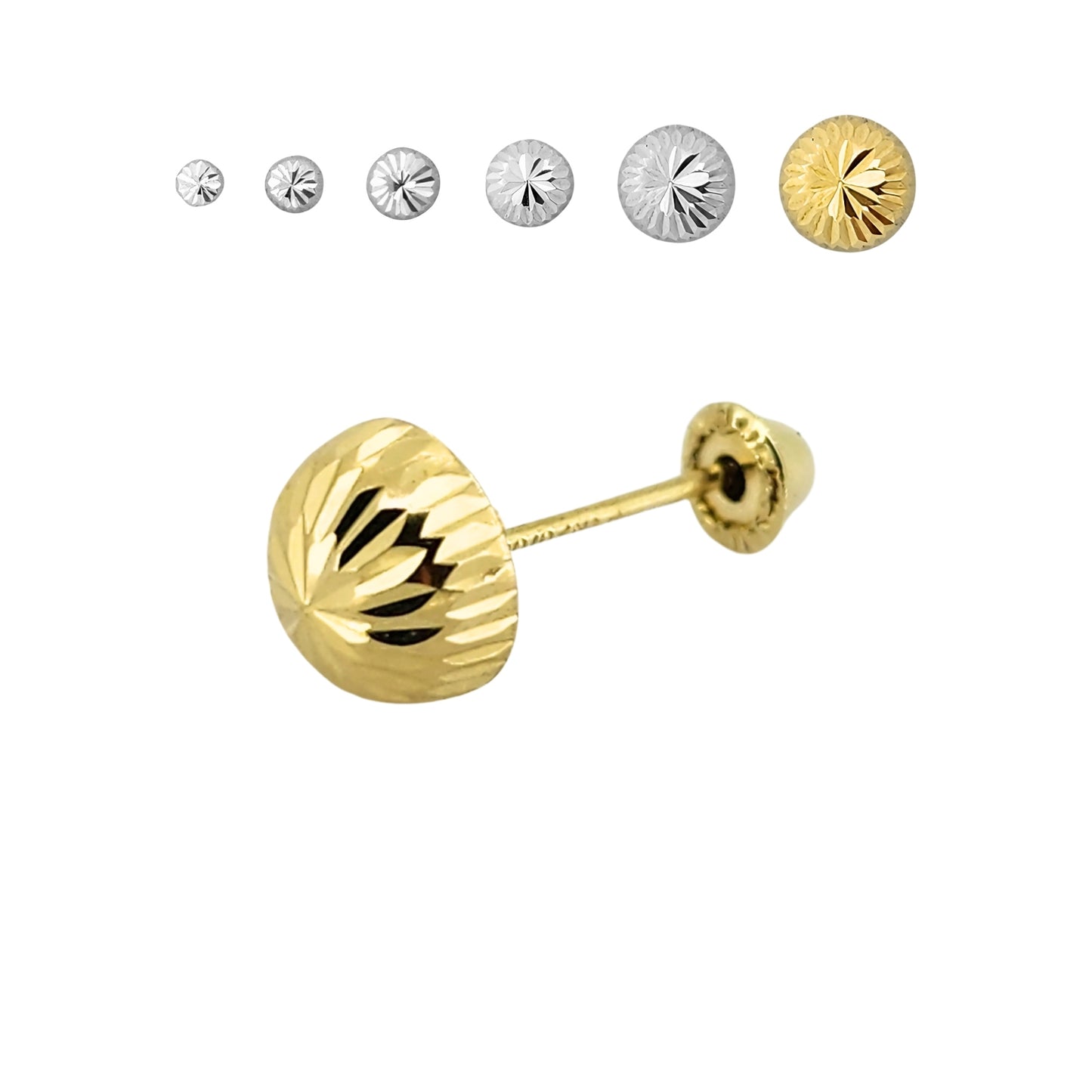 Aretes Oro 10K Broquel Hongo Diamantado Tamaño a Elegir de 2.5 a 7 mm