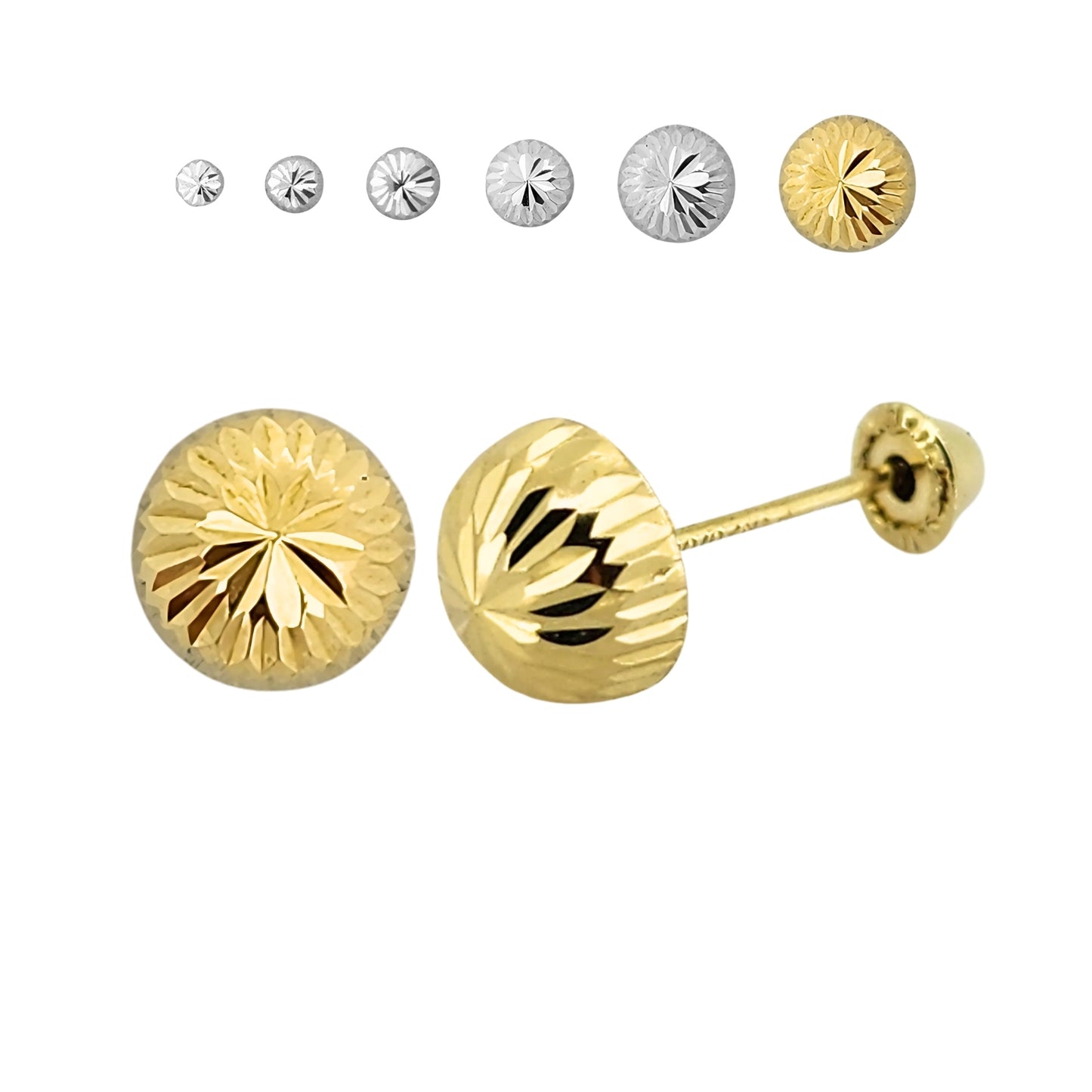 Aretes Oro 10K Broquel Hongo Diamantado Tamaño a Elegir de 2.5 a 7 mm