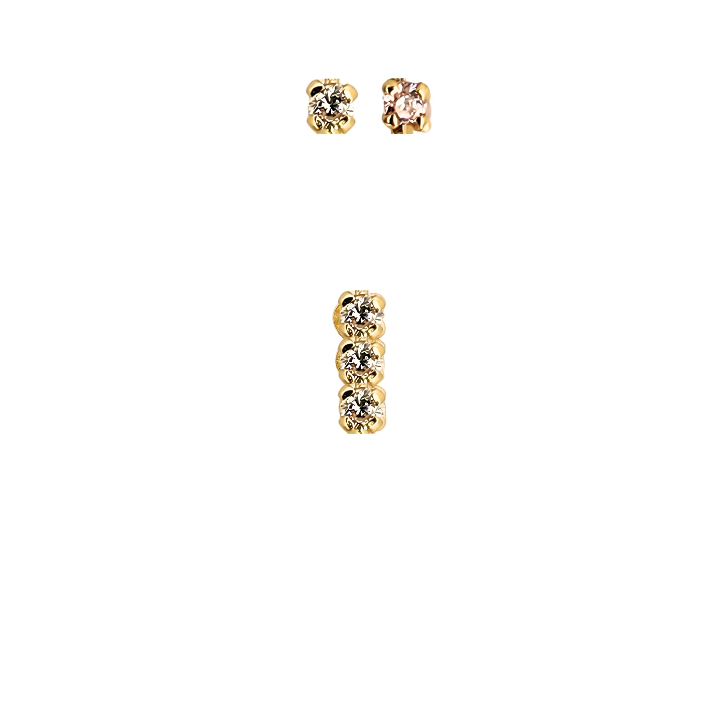 Aretes Oro 10K Broquel Palito 3 Piedras Color a Elegir
