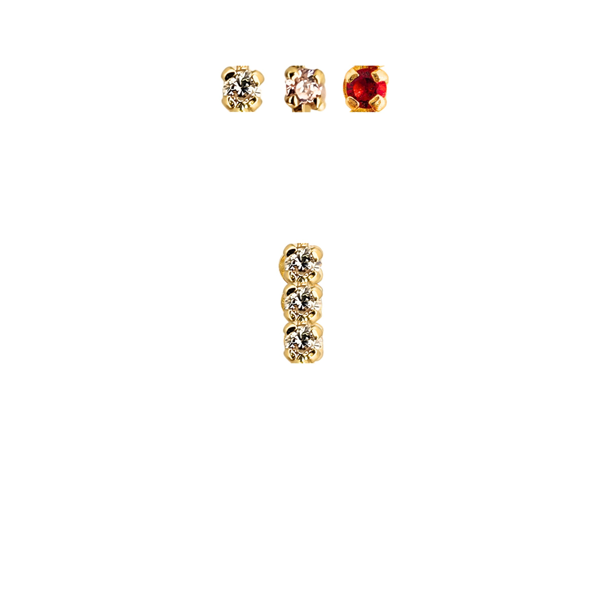 Aretes Oro 10K Broquel Palito 3 Piedras Color a Elegir