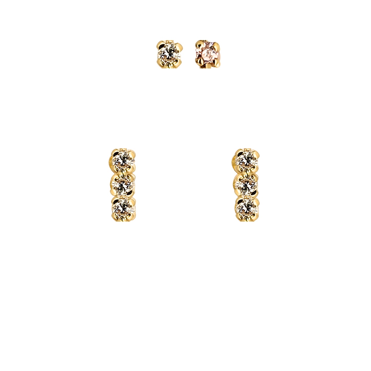 Aretes Oro 10K Broquel Palito 3 Piedras Color a Elegir