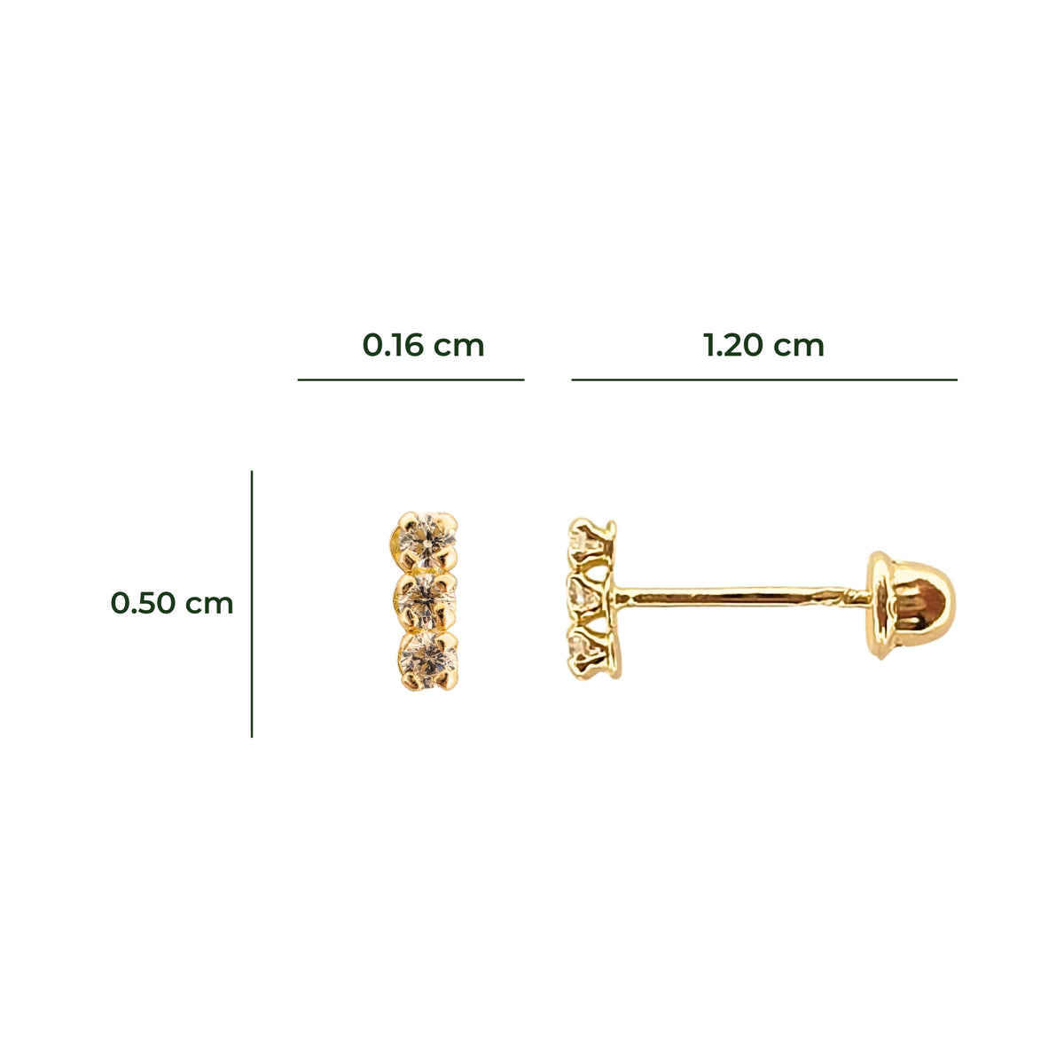 Aretes Oro 10K Broquel Palito 3 Piedras Color a Elegir