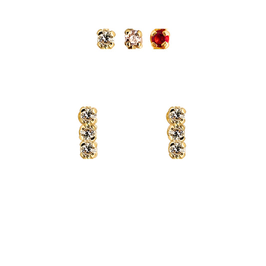 Aretes Oro 10K Broquel Palito 3 Piedras Color a Elegir