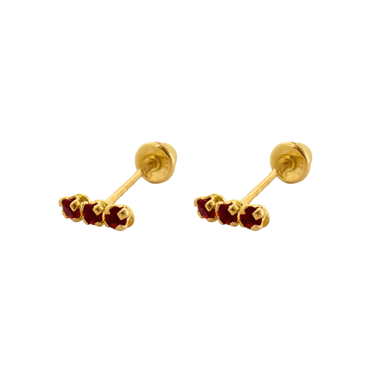 Aretes Oro 10K Broquel Palito 3 Piedras Color a Elegir