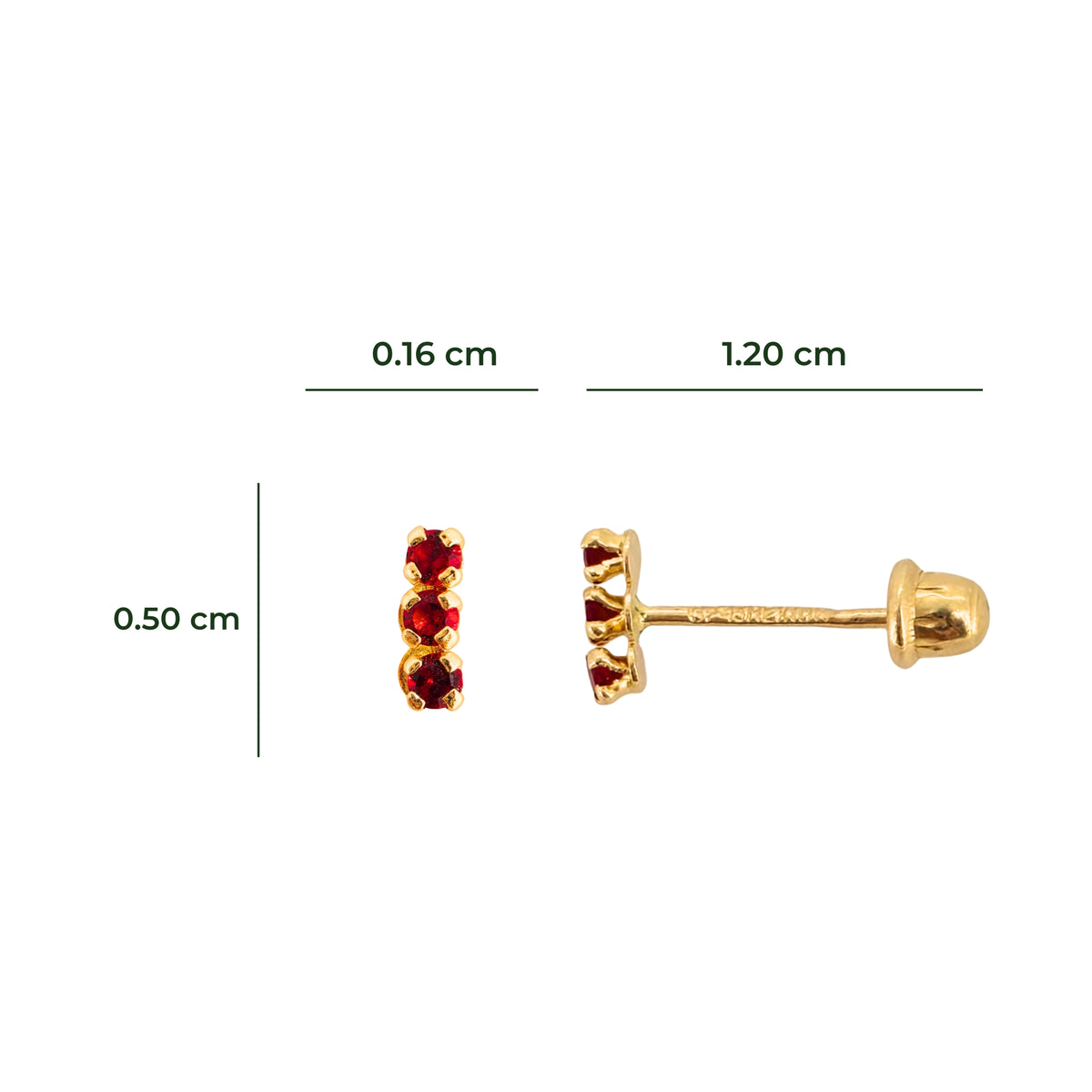 Aretes Oro 10K Broquel Palito 3 Piedras Color a Elegir
