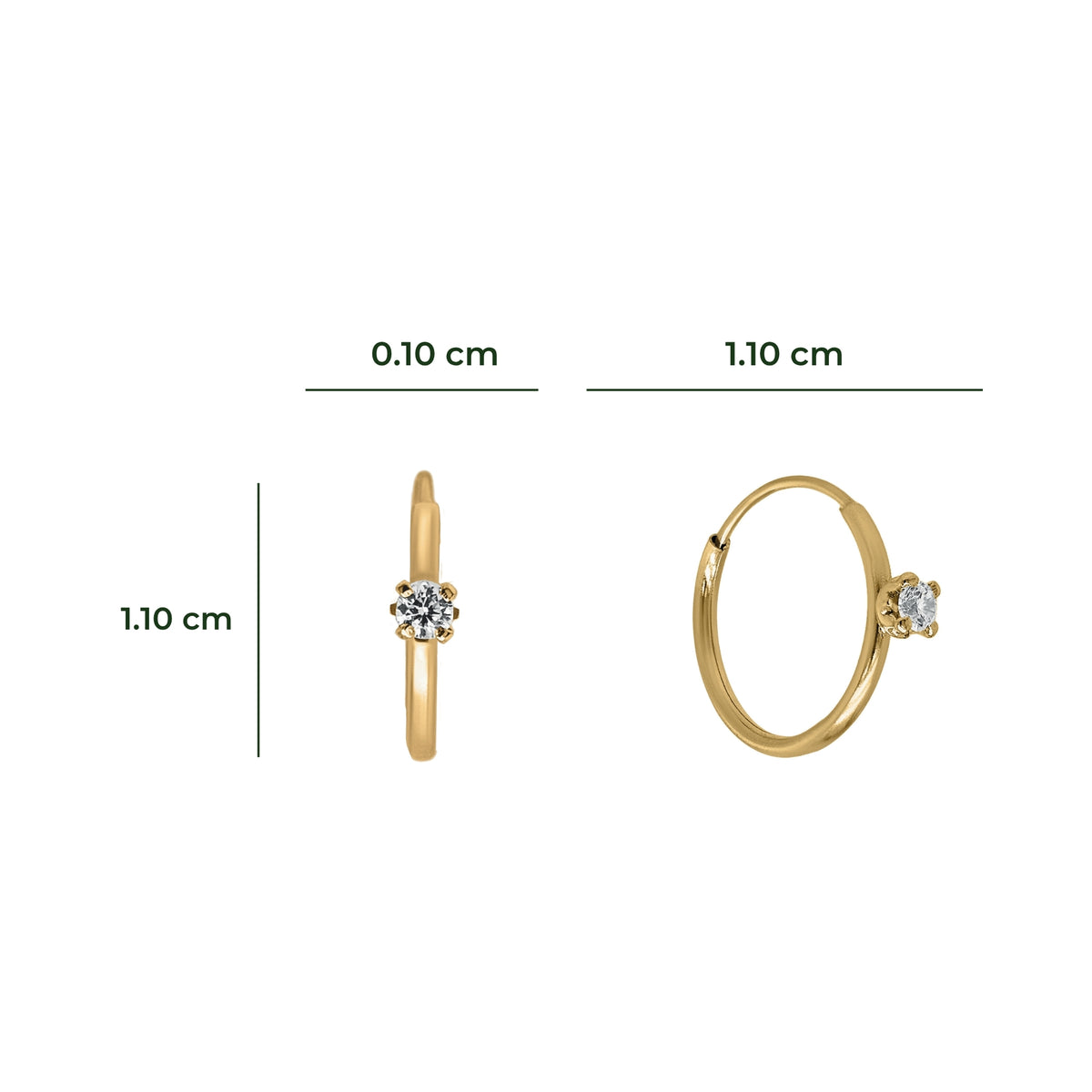Aretes Oro 10K Broquel Huggie 1 cm Zirconia Montadura