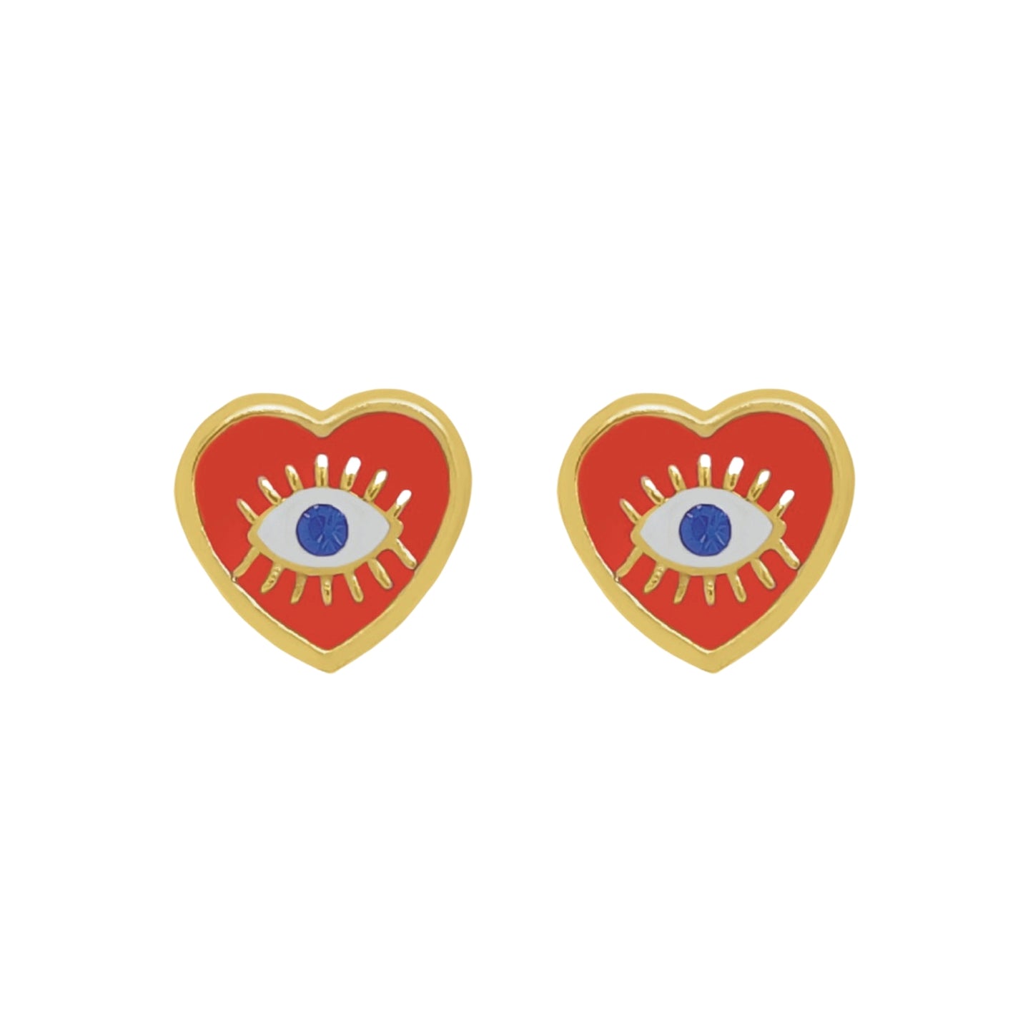 Aretes Oro 10K Broquel Corazón Rojo Ojo Esmaltado Zirconia Azul