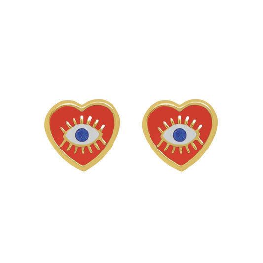 Aretes Oro 10K Broquel Corazón Rojo Ojo Esmaltado Zirconia Azul