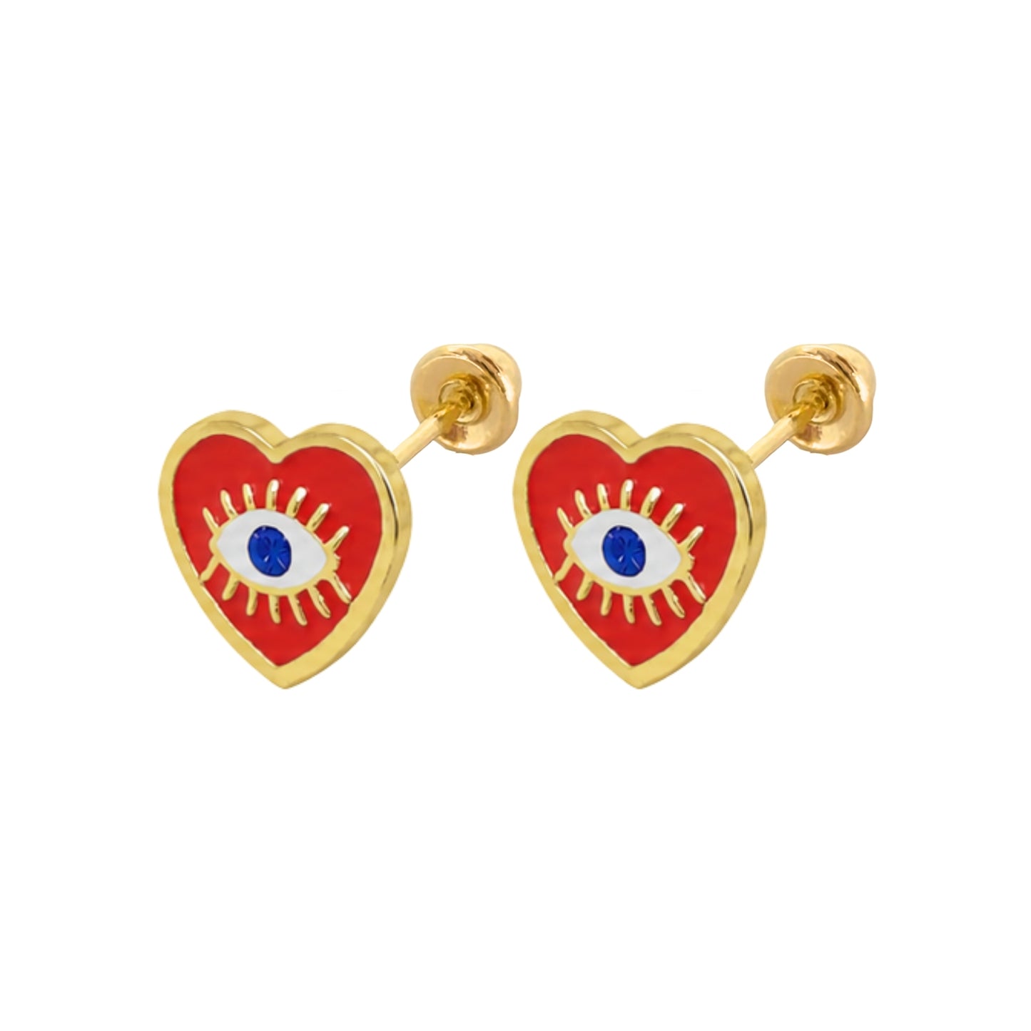 Aretes Oro 10K Broquel Corazón Rojo Ojo Esmaltado Zirconia Azul