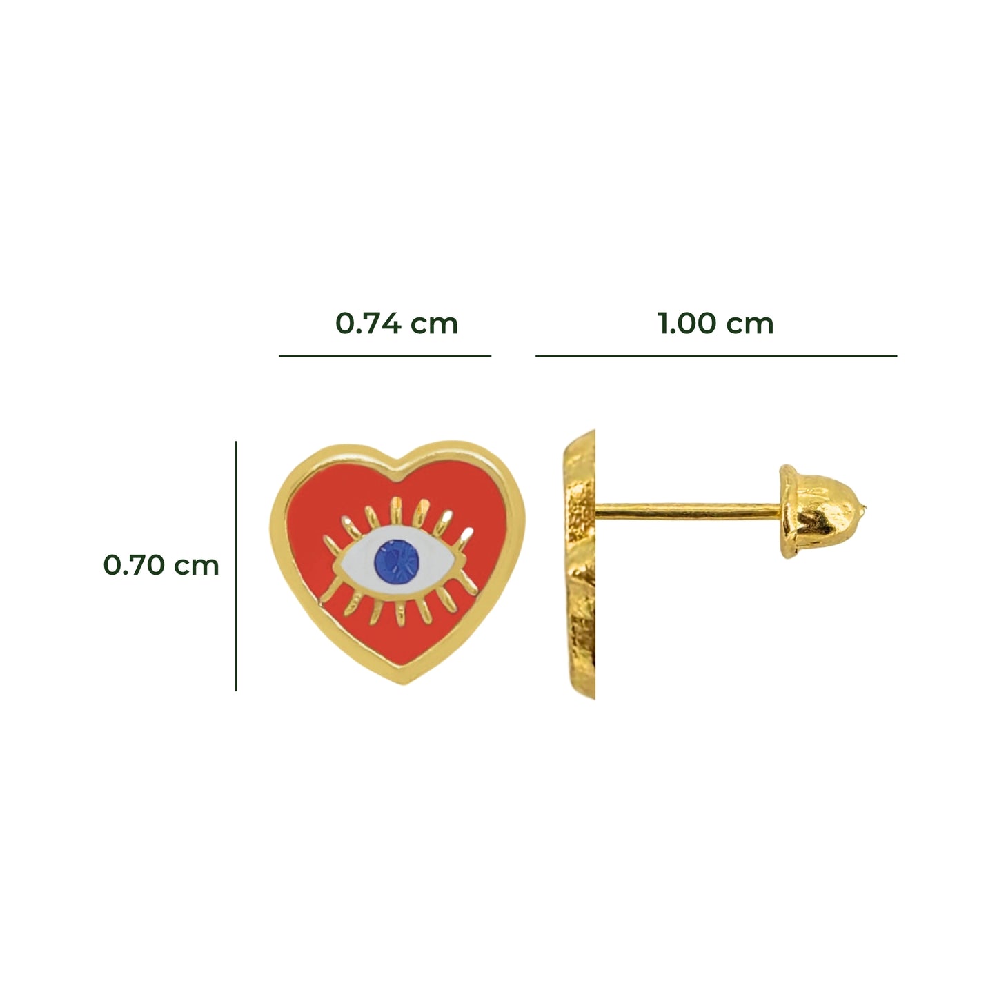Aretes Oro 10K Broquel Corazón Rojo Ojo Esmaltado Zirconia Azul