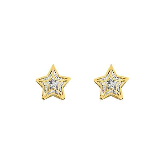 Aretes Oro 10K Broquel Estrella 3D Zirconias