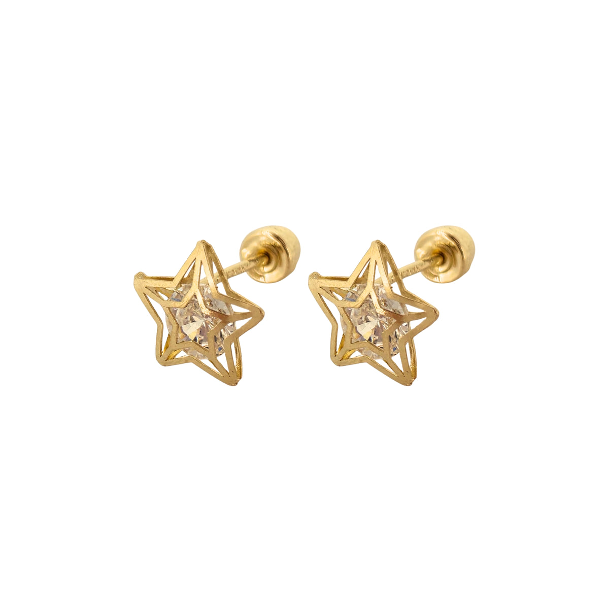 Aretes Oro 10K Broquel Estrella 3D Zirconias