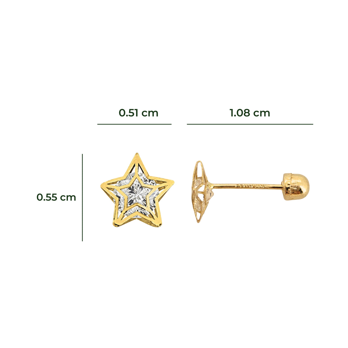 Aretes Oro 10K Broquel Estrella 3D Zirconias