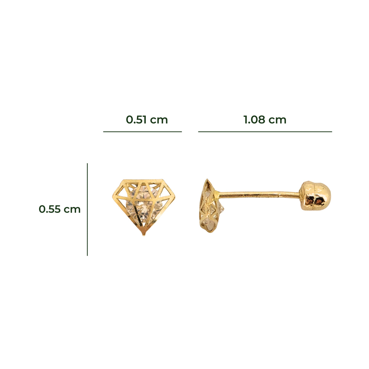 Aretes Oro 10K Broquel Diamante 3D Zirconia