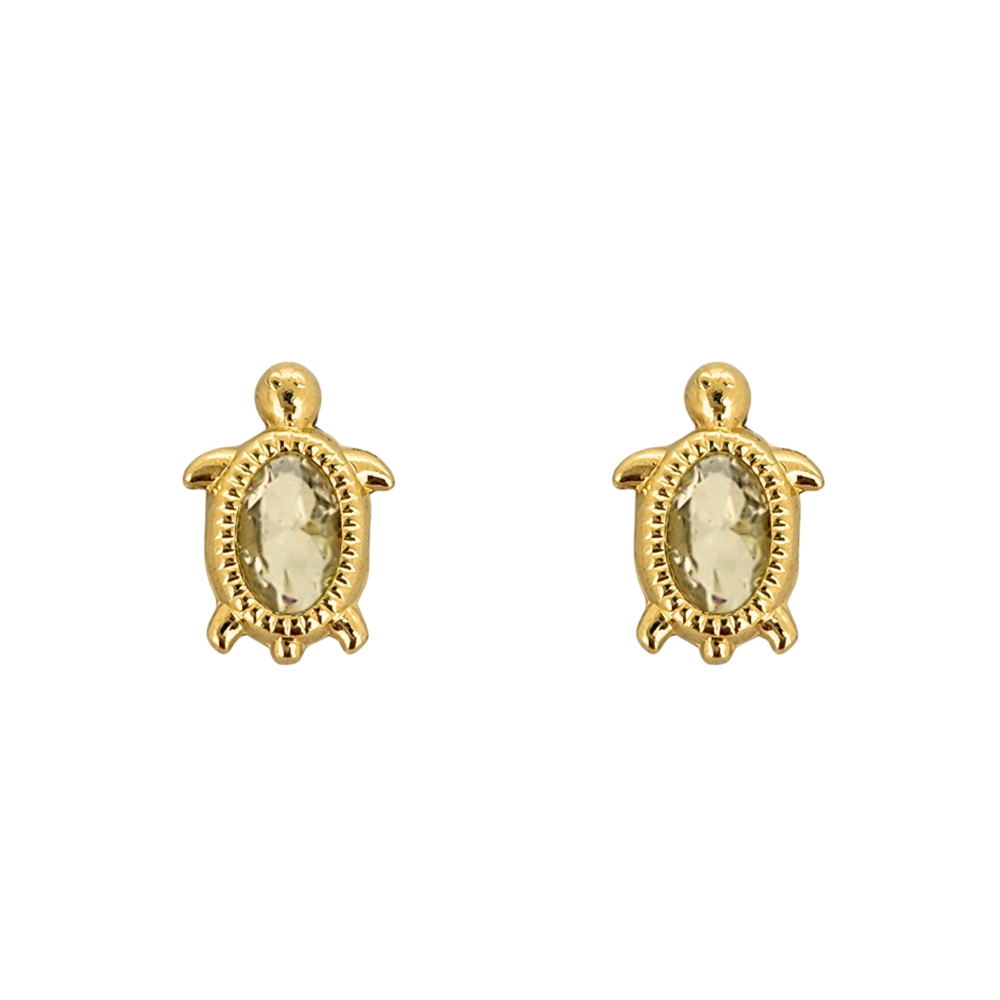 Aretes Oro 10K Broquel Tortuga Zirconia Blanca Bolitas