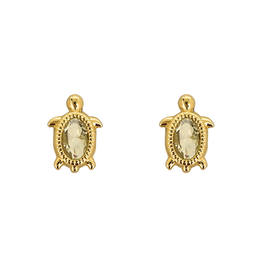 Aretes Oro 10K Broquel Tortuga Zirconia Blanca Bolitas
