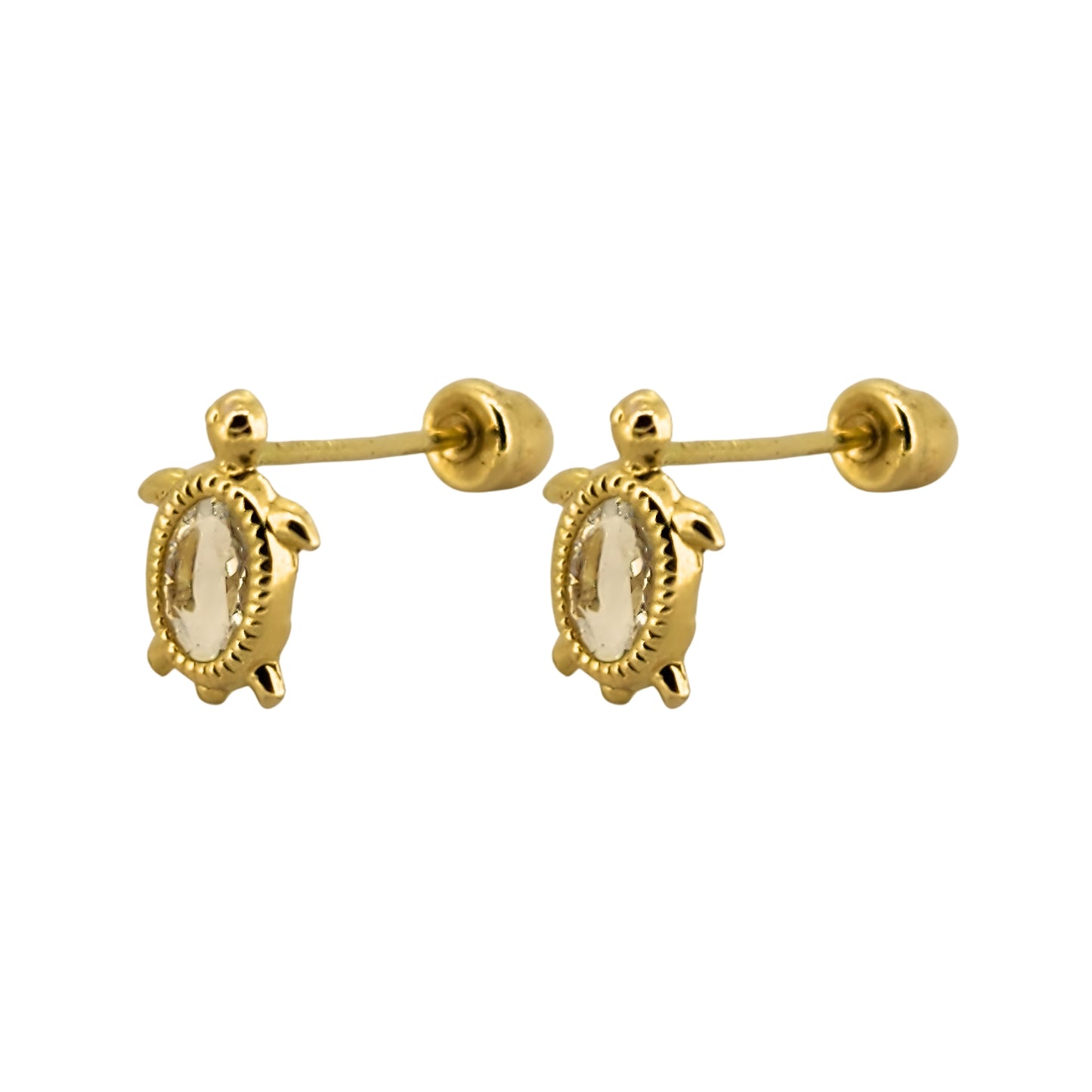 Aretes Oro 10K Broquel Tortuga Zirconia Blanca Bolitas
