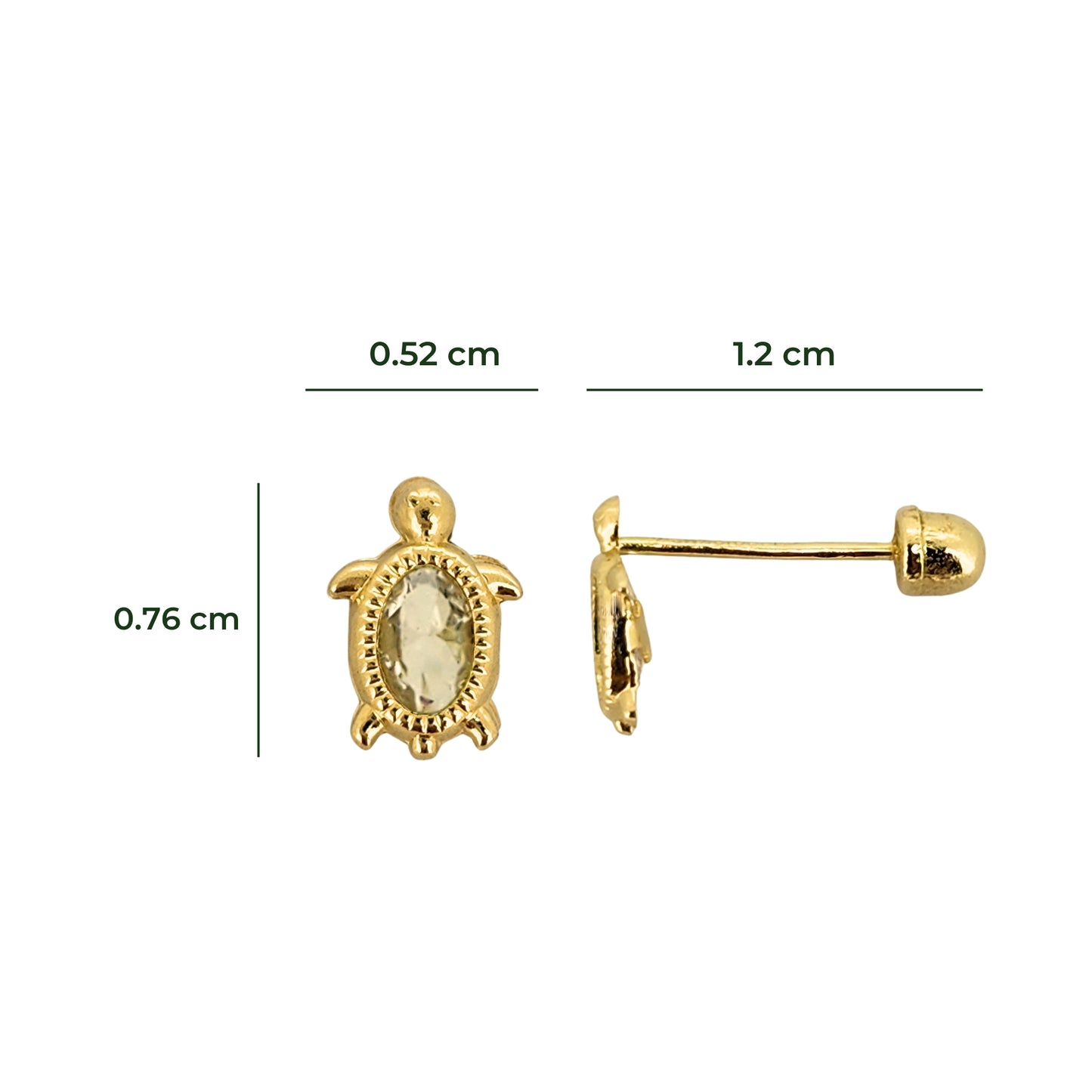 Aretes Oro 10K Broquel Tortuga Zirconia Blanca Bolitas