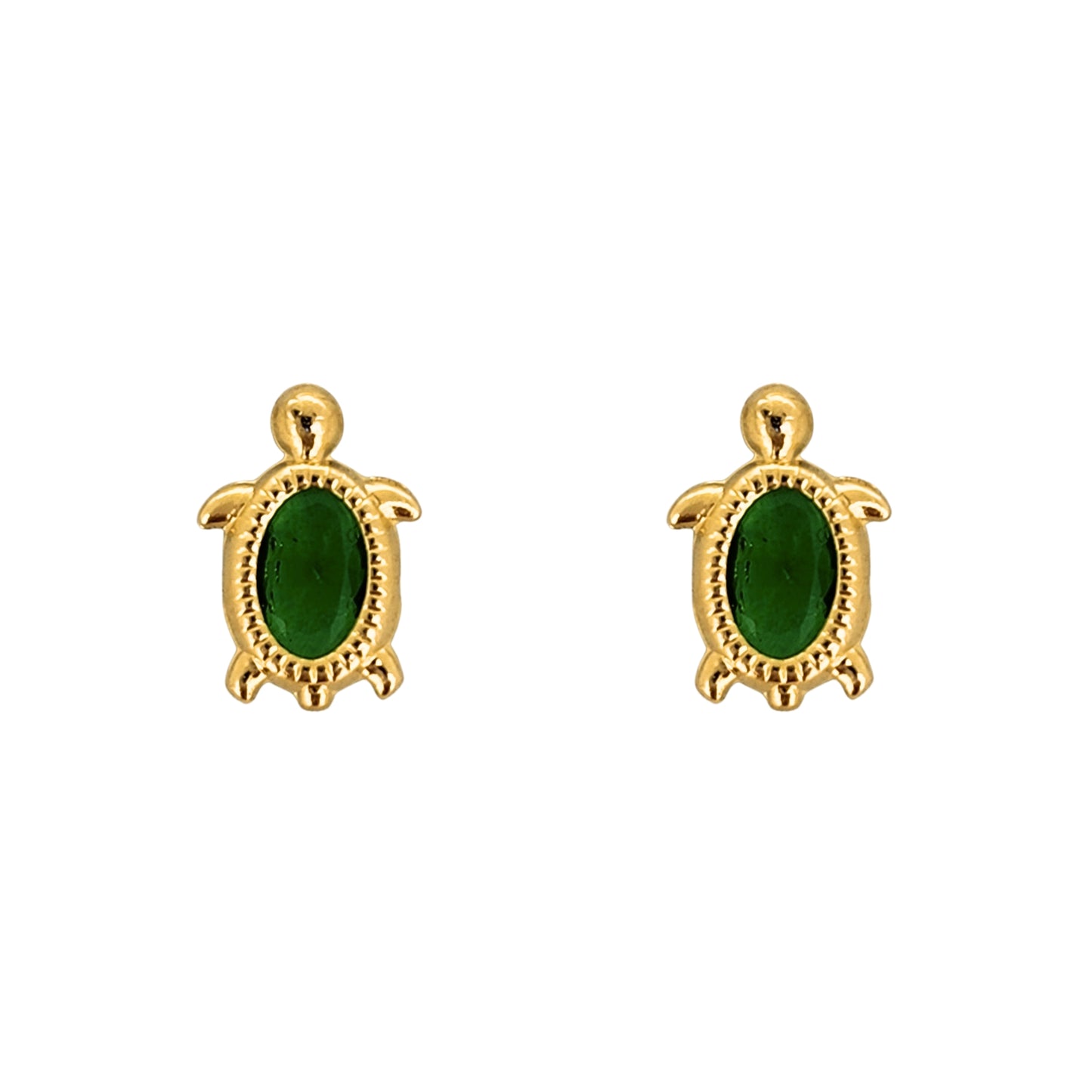 Aretes Oro 10K Broquel Tortuga Zirconia Verde Bolitas