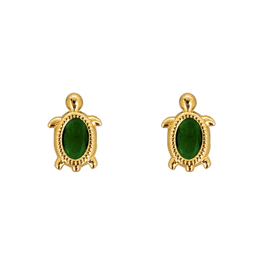 Aretes Oro 10K Broquel Tortuga Zirconia Verde Bolitas