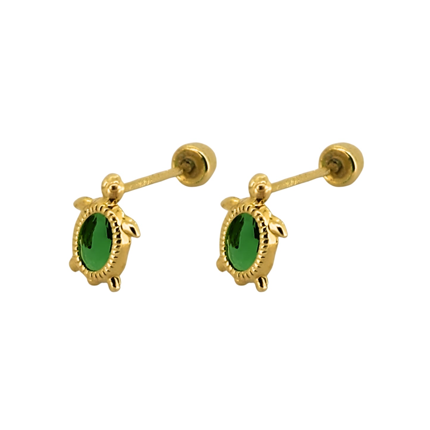 Aretes Oro 10K Broquel Tortuga Zirconia Verde Bolitas