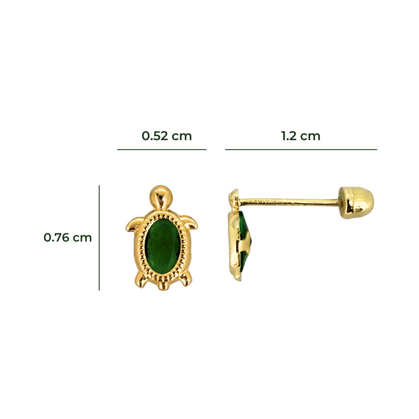 Aretes Oro 10K Broquel Tortuga Zirconia Verde Bolitas